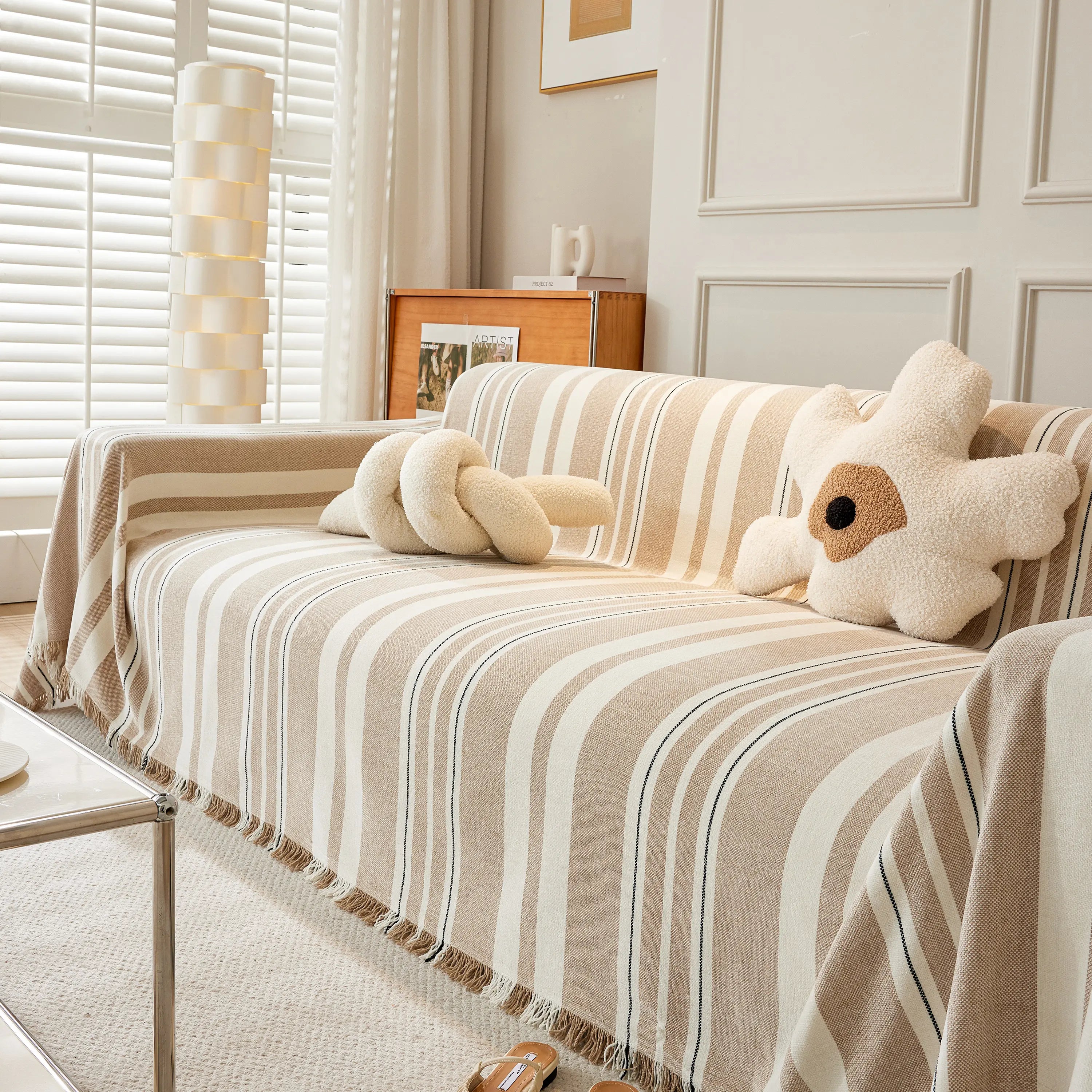 Striped Chenille Sofa Slipcover Throw, Soft Thick Washable Couch Cover Blanket