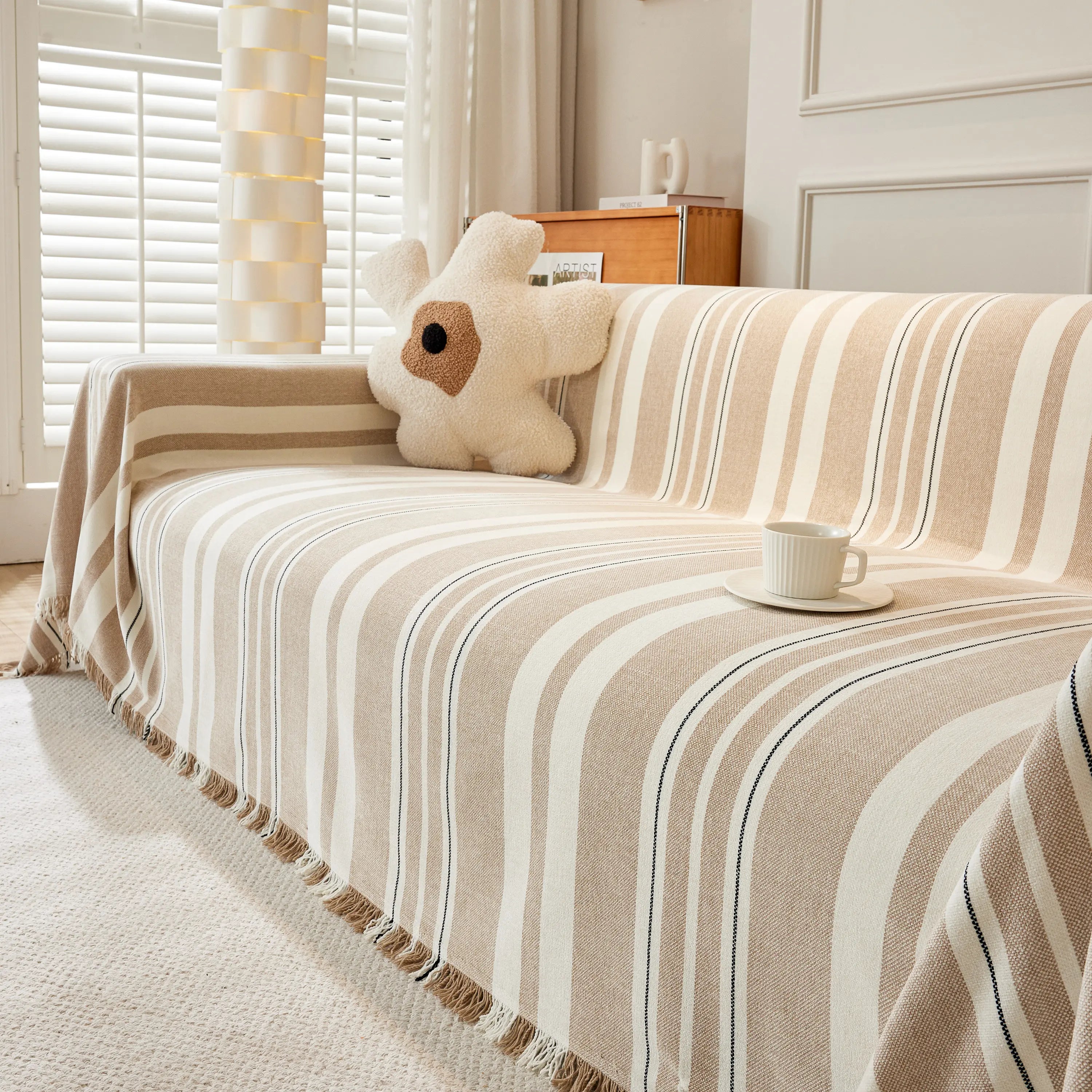Striped Chenille Sofa Slipcover Throw, Soft Thick Washable Couch Cover Blanket