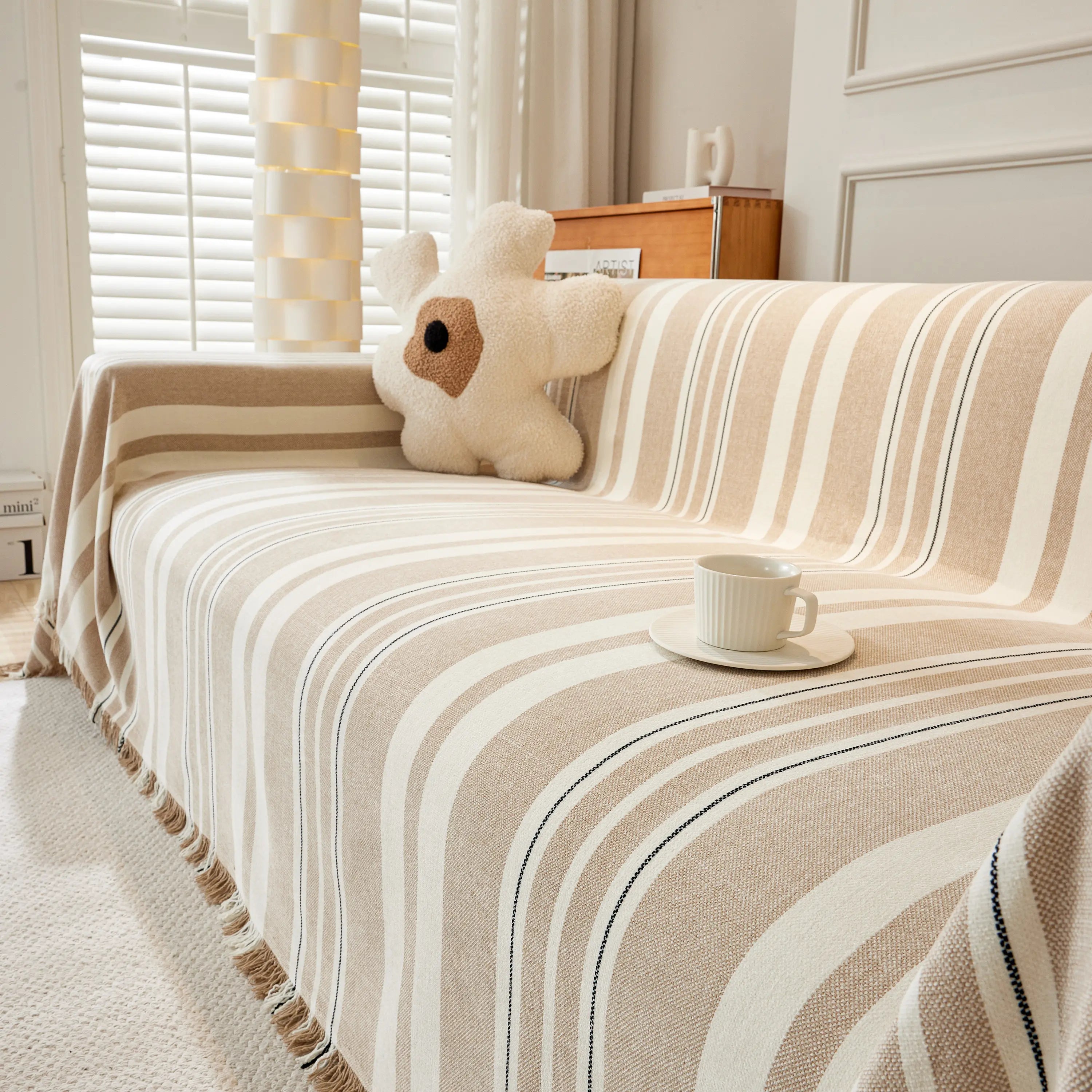Striped Chenille Sofa Slipcover Throw, Soft Thick Washable Couch Cover Blanket