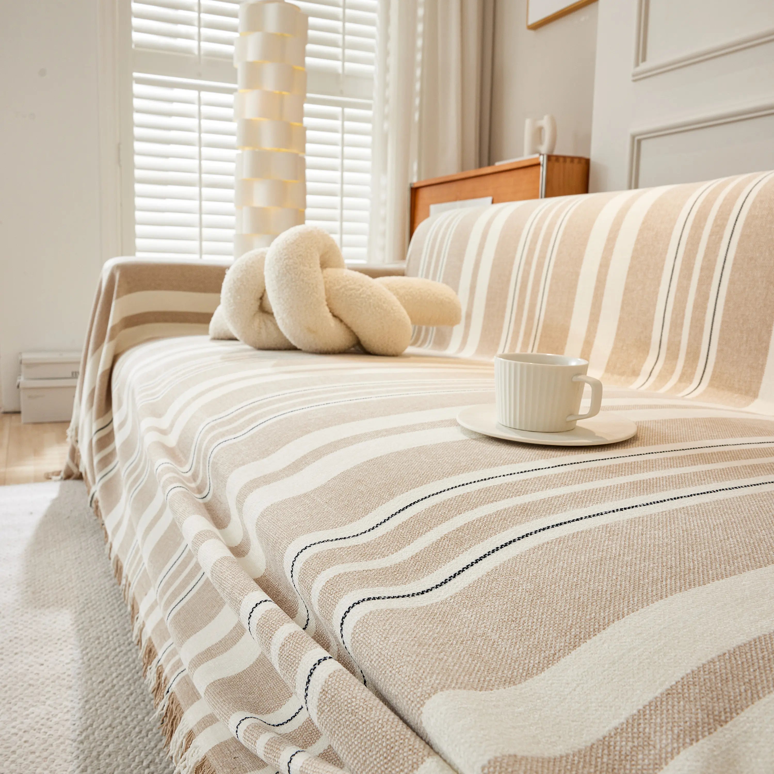 Striped Chenille Sofa Slipcover Throw, Soft Thick Washable Couch Cover Blanket