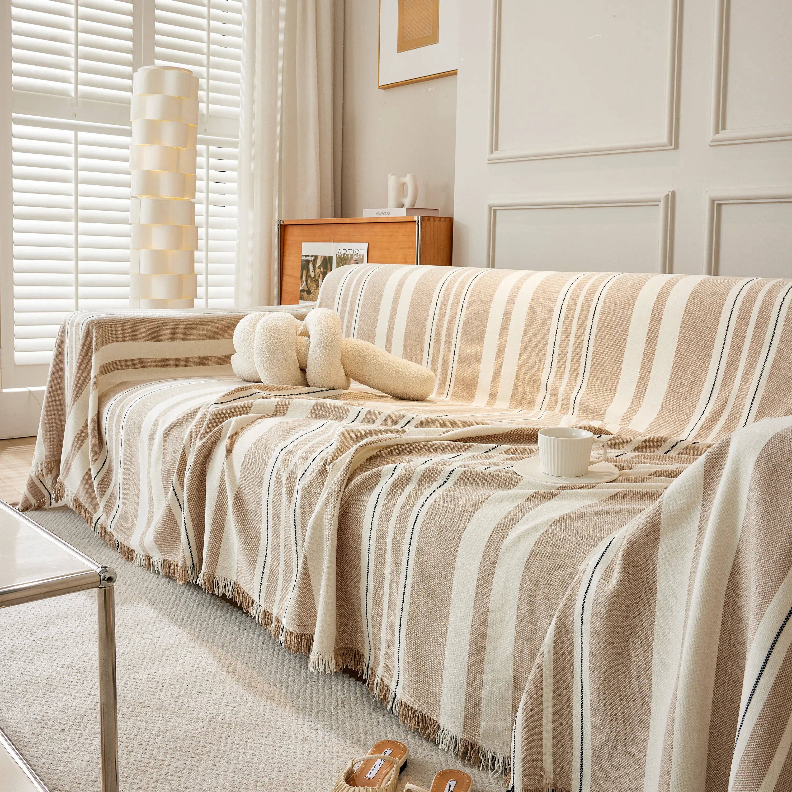 Striped Chenille Sofa Slipcover Throw, Soft Thick Washable Couch Cover Blanket
