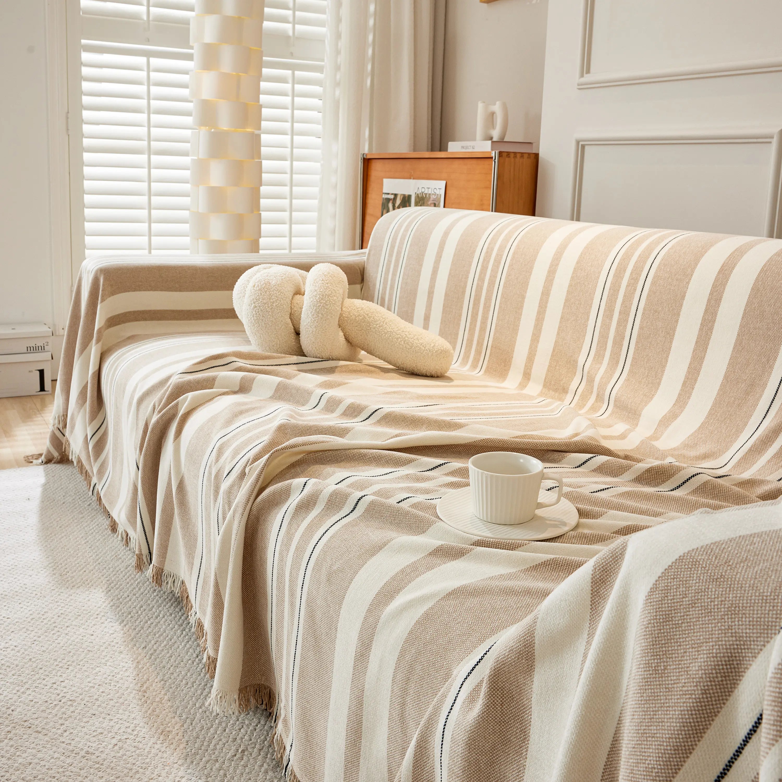 Striped Chenille Sofa Slipcover Throw, Soft Thick Washable Couch Cover Blanket