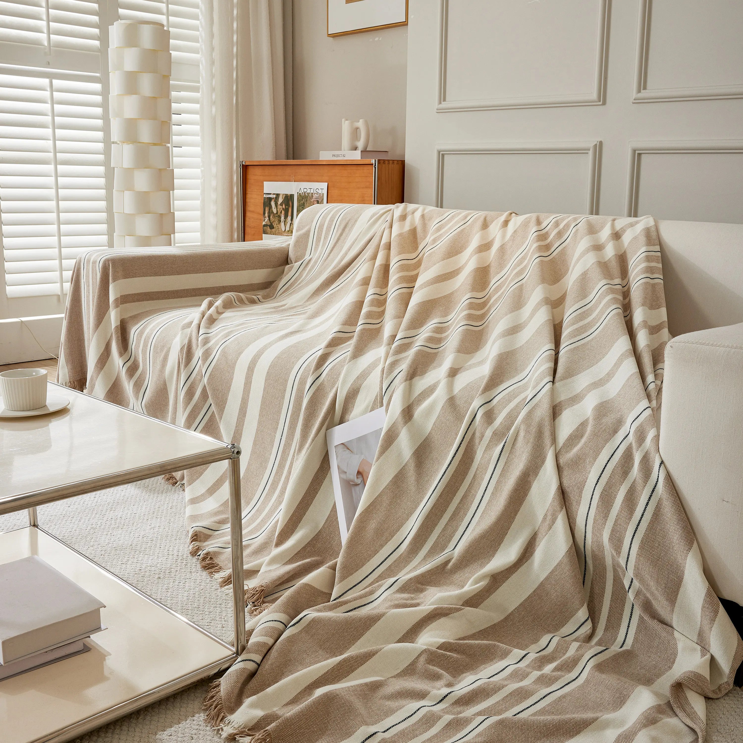 Striped Chenille Sofa Slipcover Throw, Soft Thick Washable Couch Cover Blanket