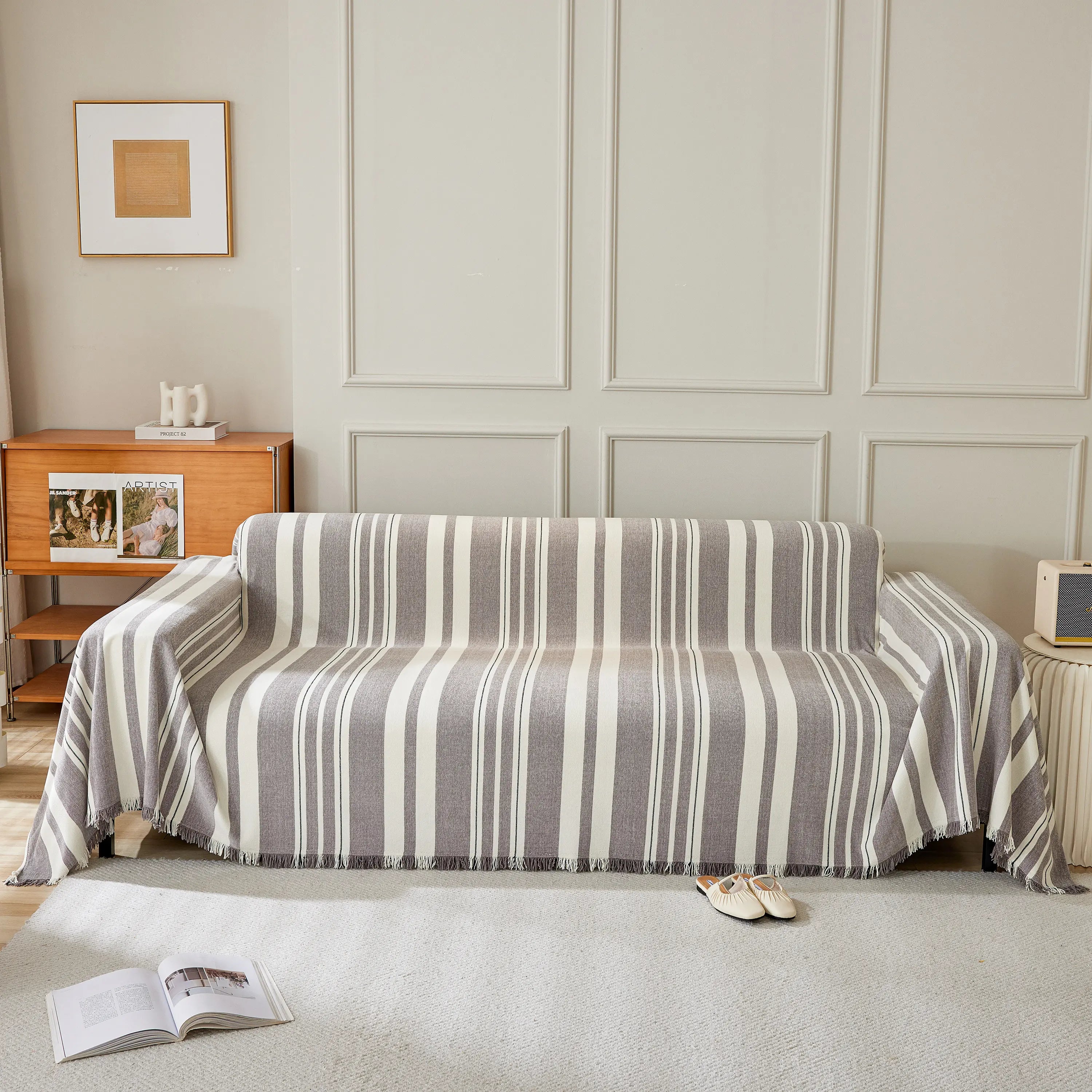 Striped Chenille Sofa Slipcover Throw, Soft Thick Washable Couch Cover Blanket