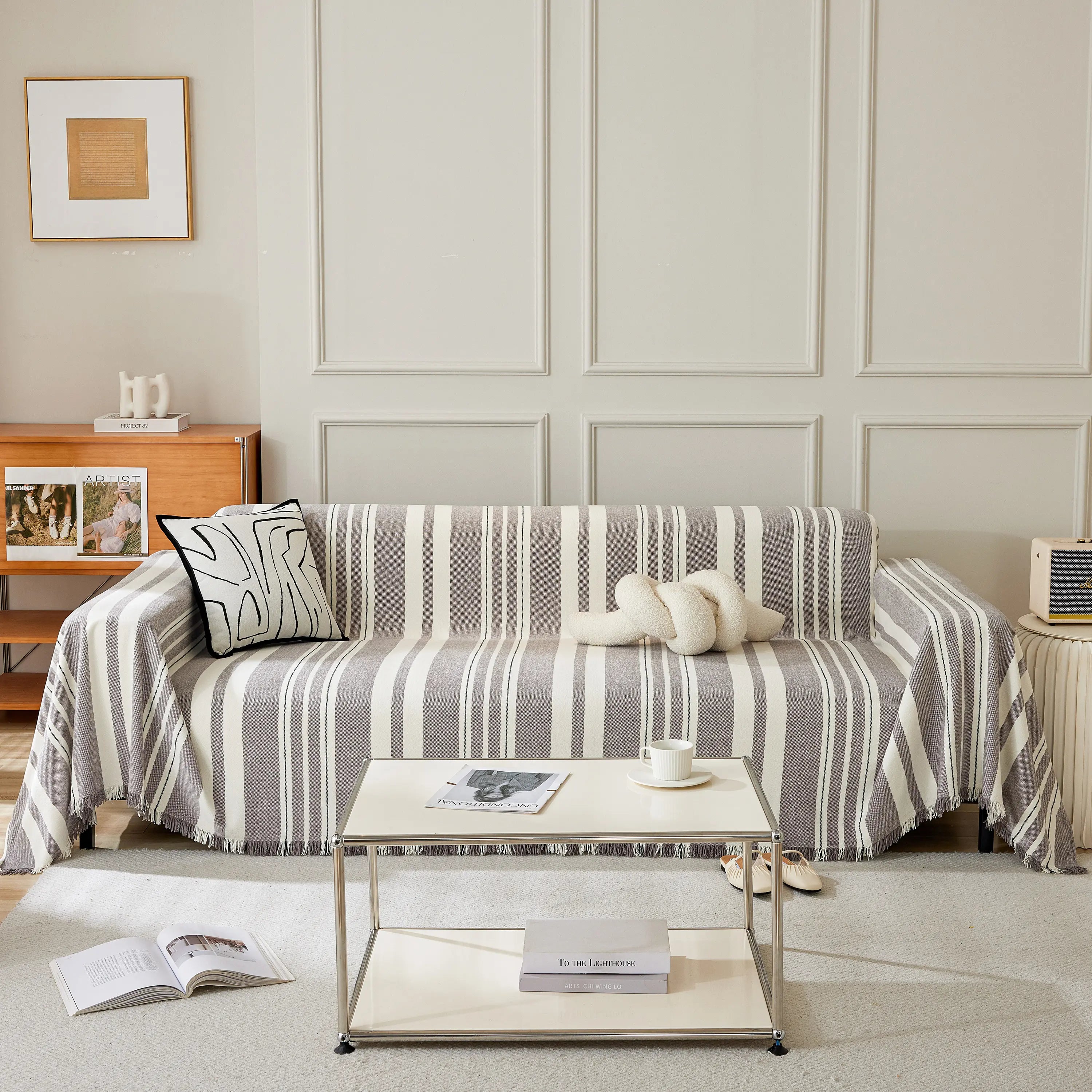 Striped Chenille Sofa Slipcover Throw, Soft Thick Washable Couch Cover Blanket