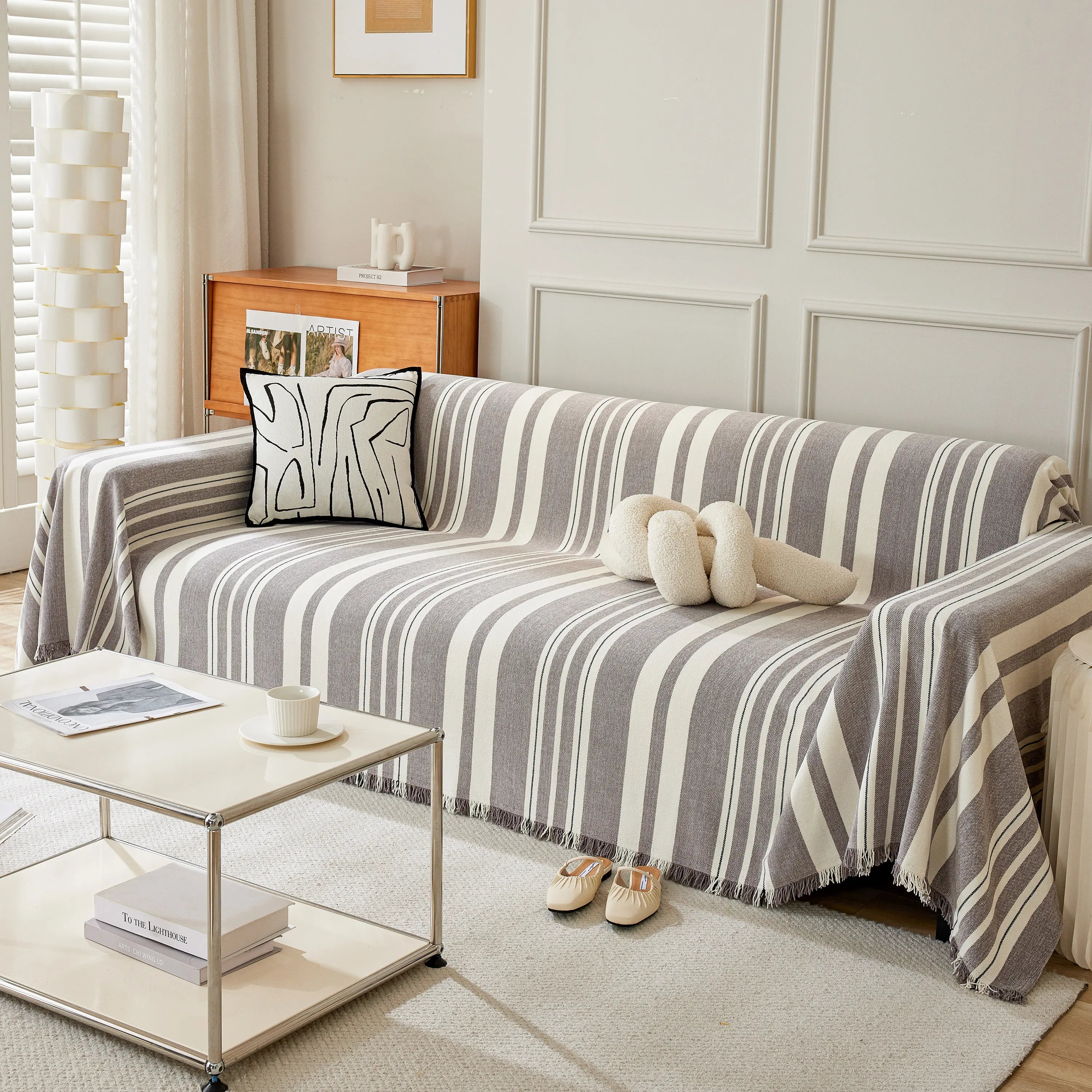 Striped Chenille Sofa Slipcover Throw, Soft Thick Washable Couch Cover Blanket