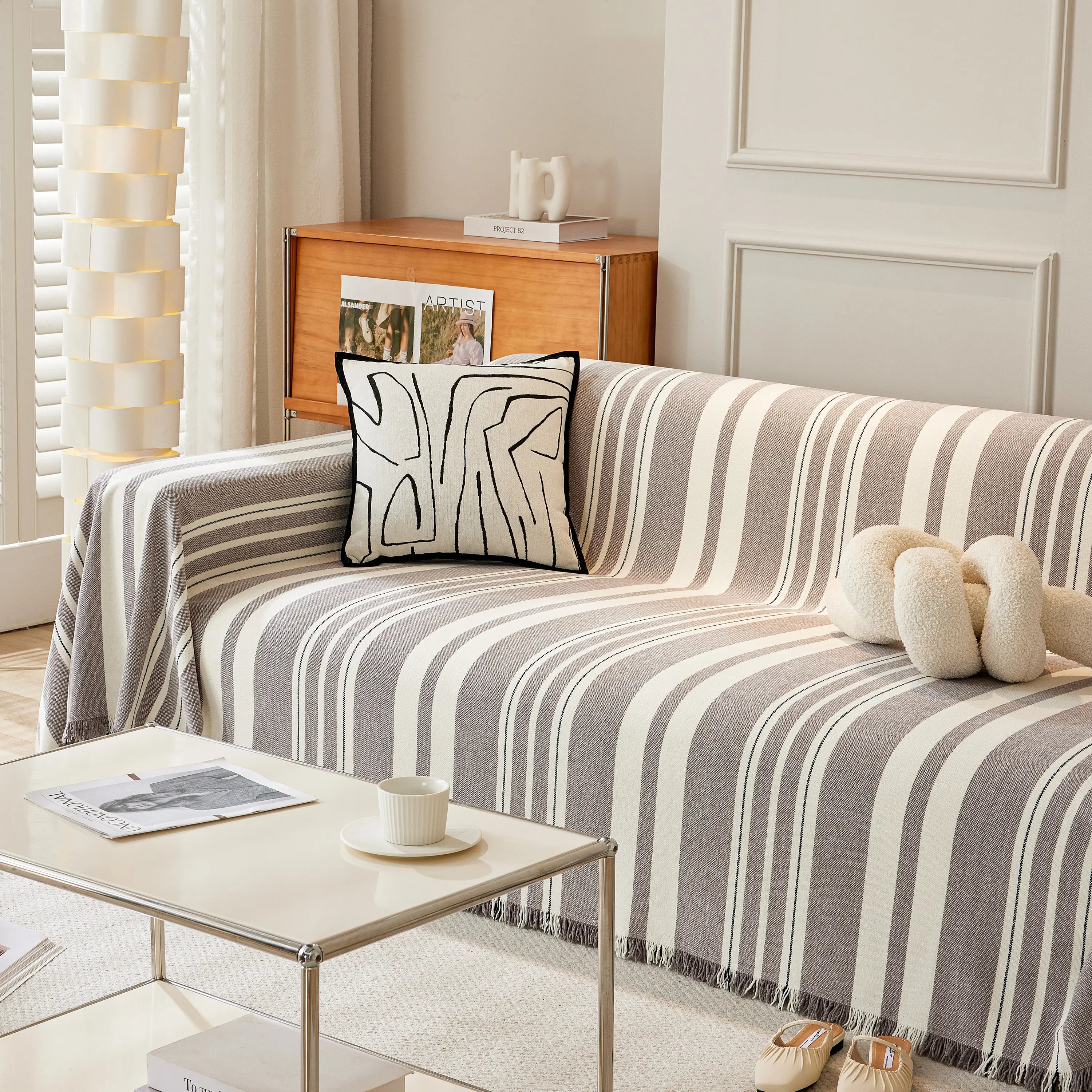 Striped Chenille Sofa Slipcover Throw, Soft Thick Washable Couch Cover Blanket
