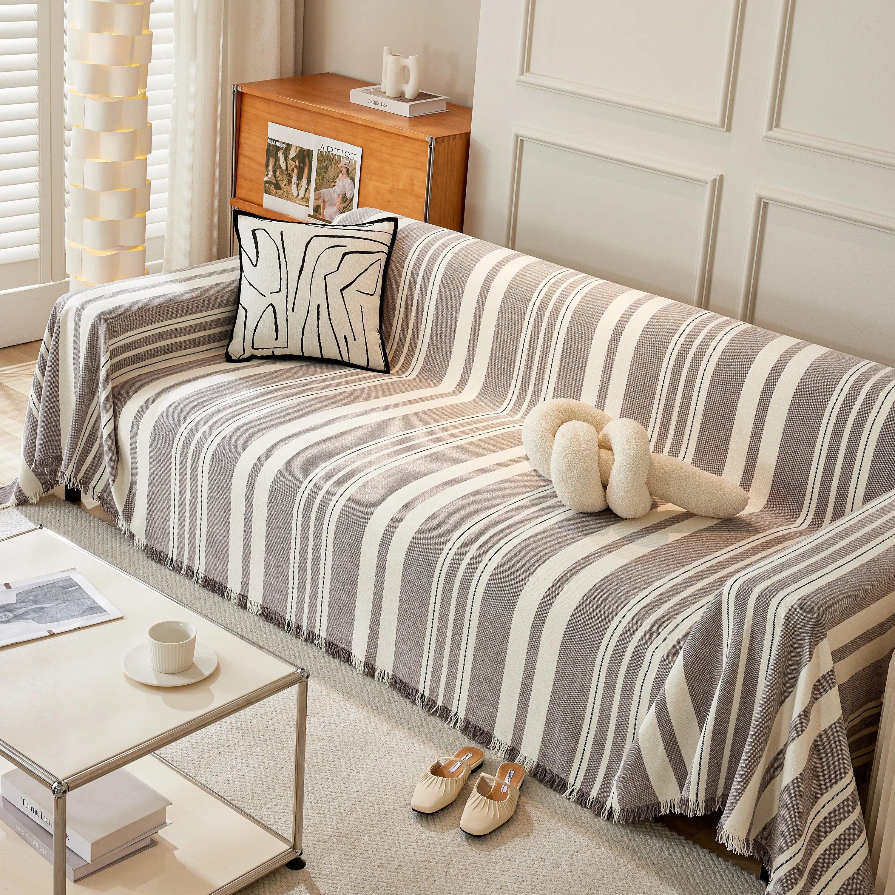 Striped Chenille Sofa Slipcover Throw, Soft Thick Washable Couch Cover Blanket