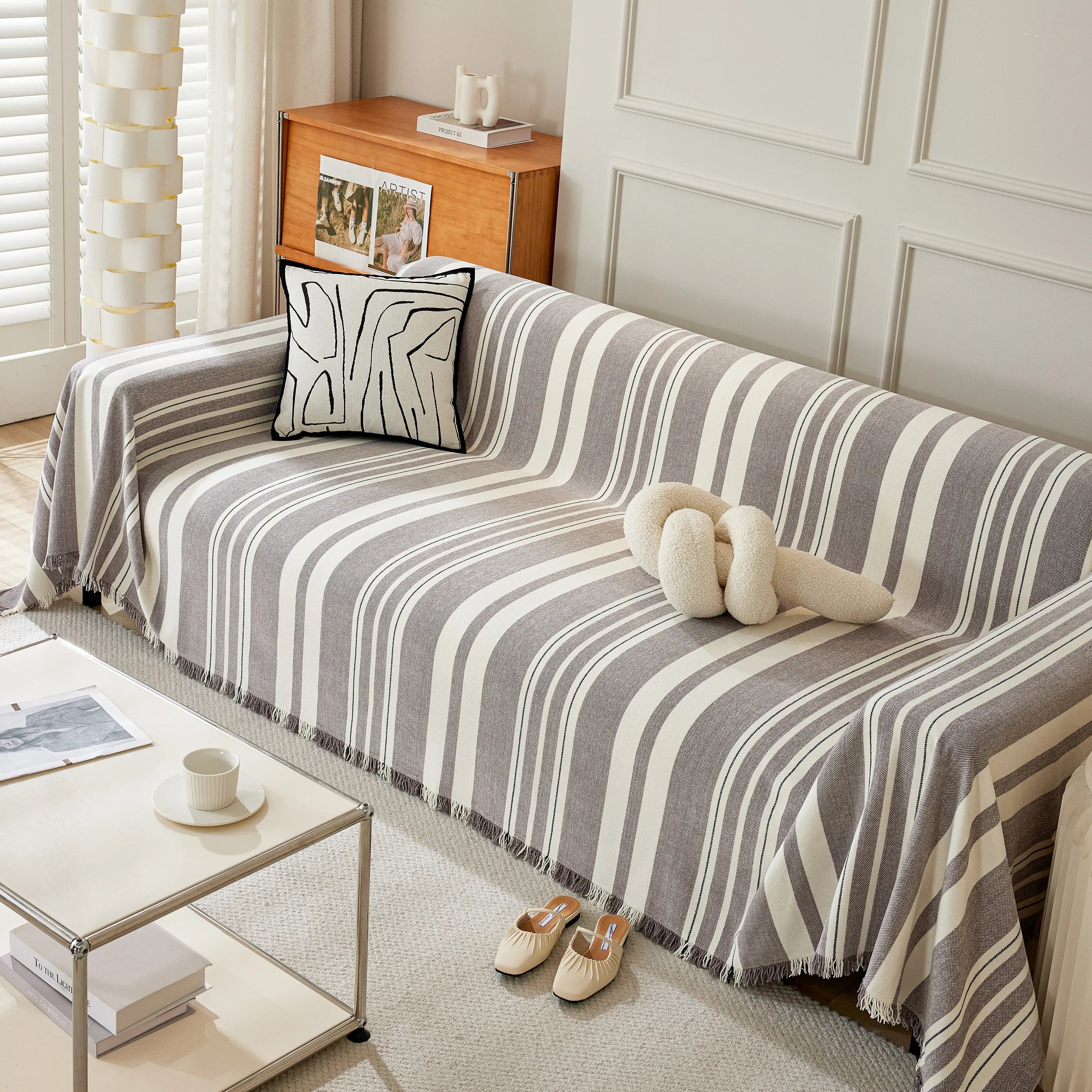 Striped Chenille Sofa Slipcover Throw, Soft Thick Washable Couch Cover Blanket