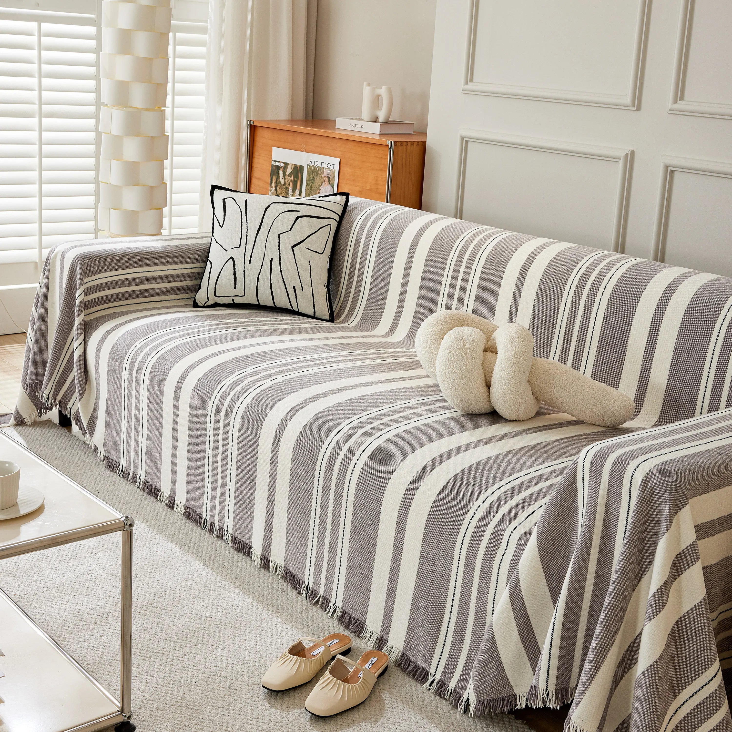 Striped Chenille Sofa Slipcover Throw, Soft Thick Washable Couch Cover Blanket