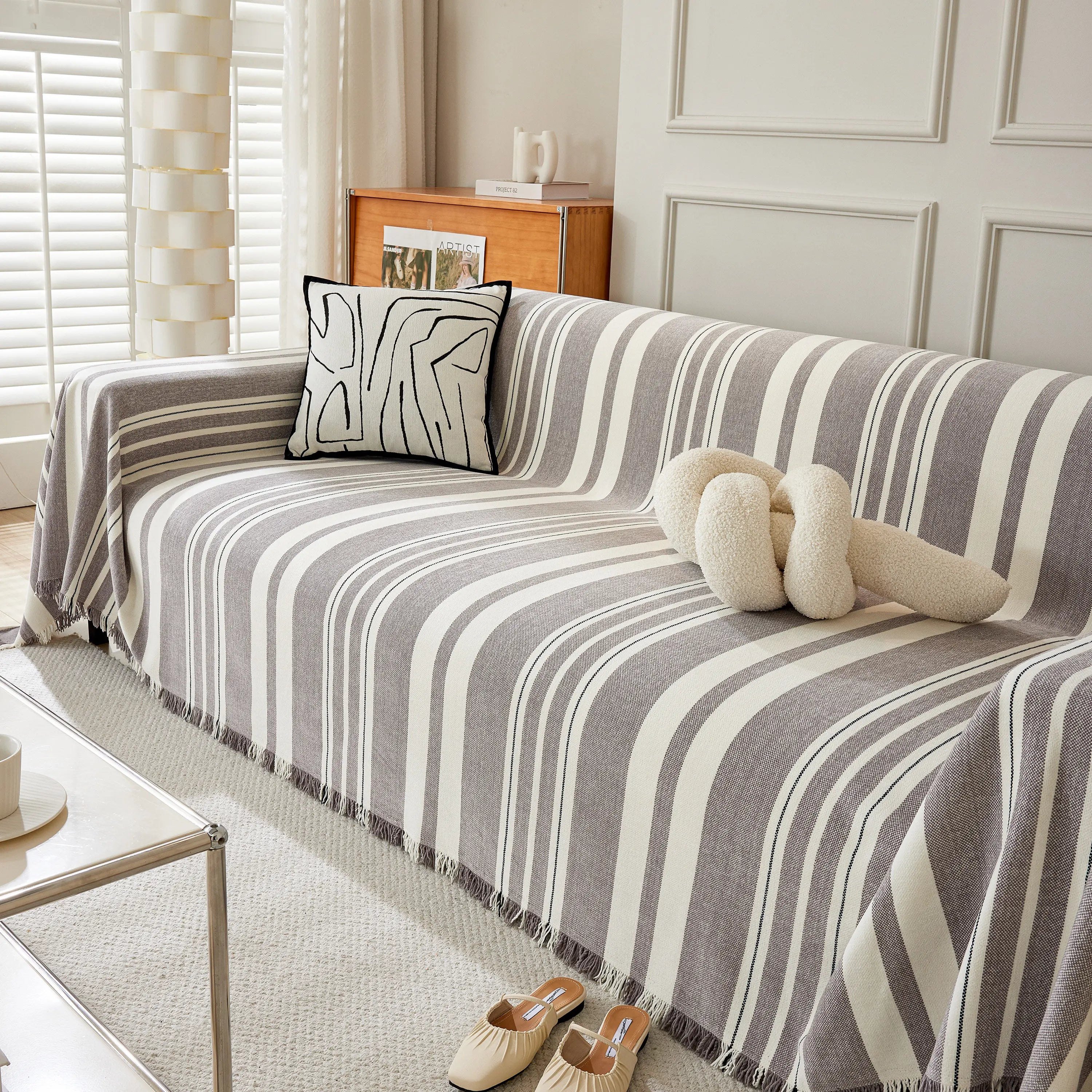 Striped Chenille Sofa Slipcover Throw, Soft Thick Washable Couch Cover Blanket