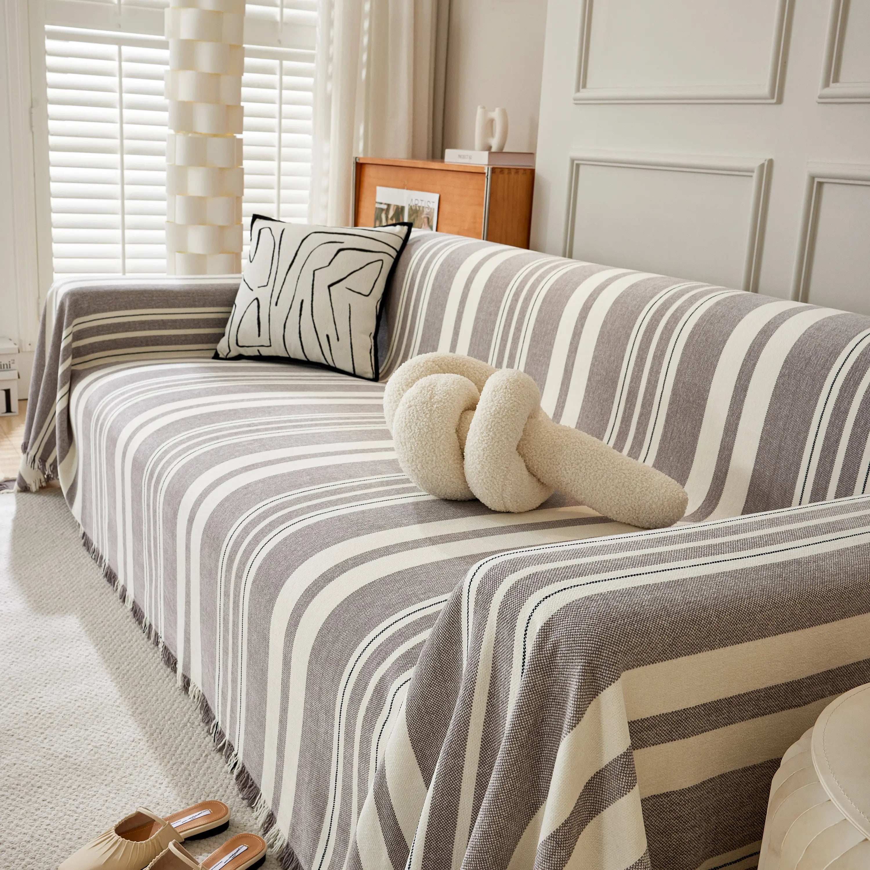 Striped Chenille Sofa Slipcover Throw, Soft Thick Washable Couch Cover Blanket