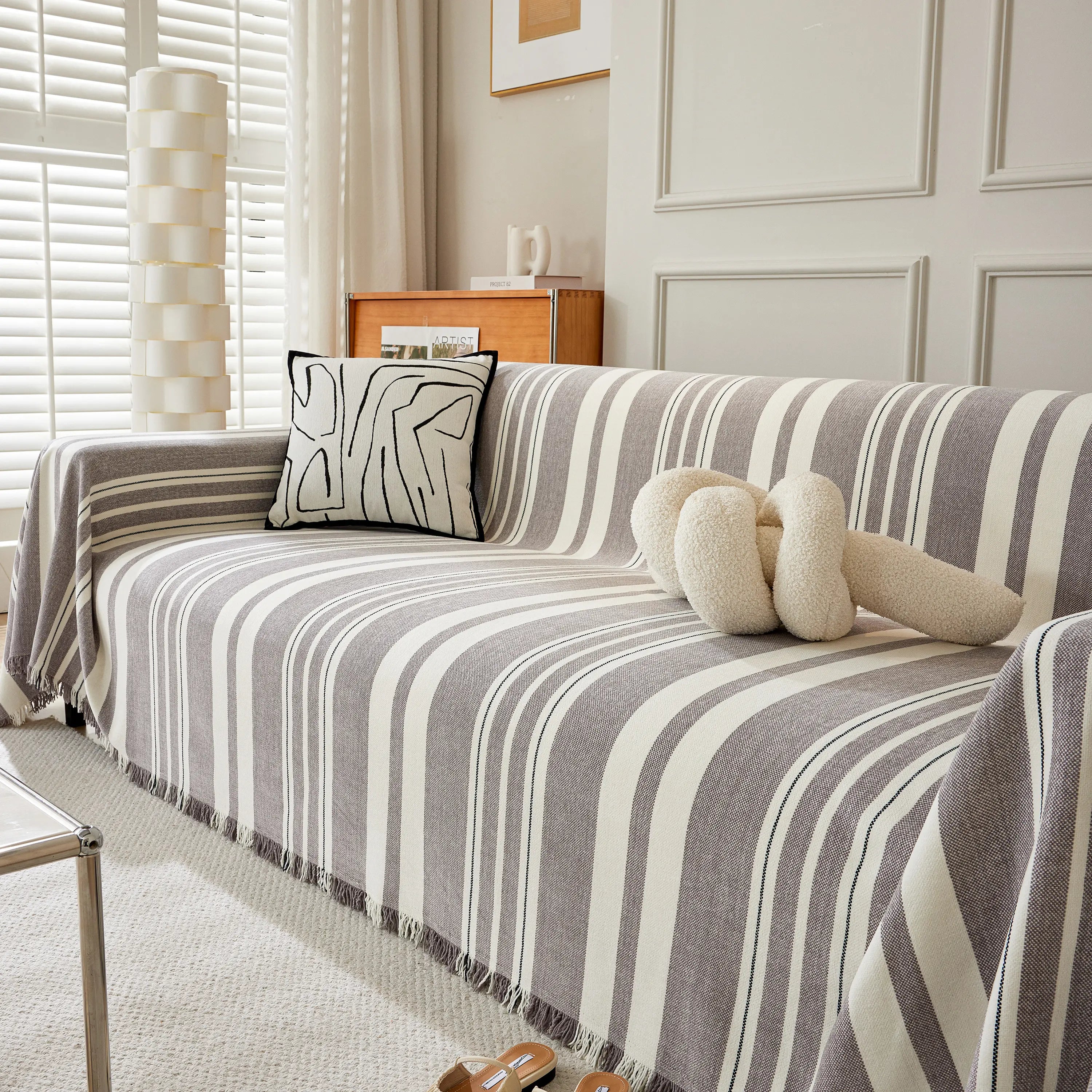 Striped Chenille Sofa Slipcover Throw, Soft Thick Washable Couch Cover Blanket