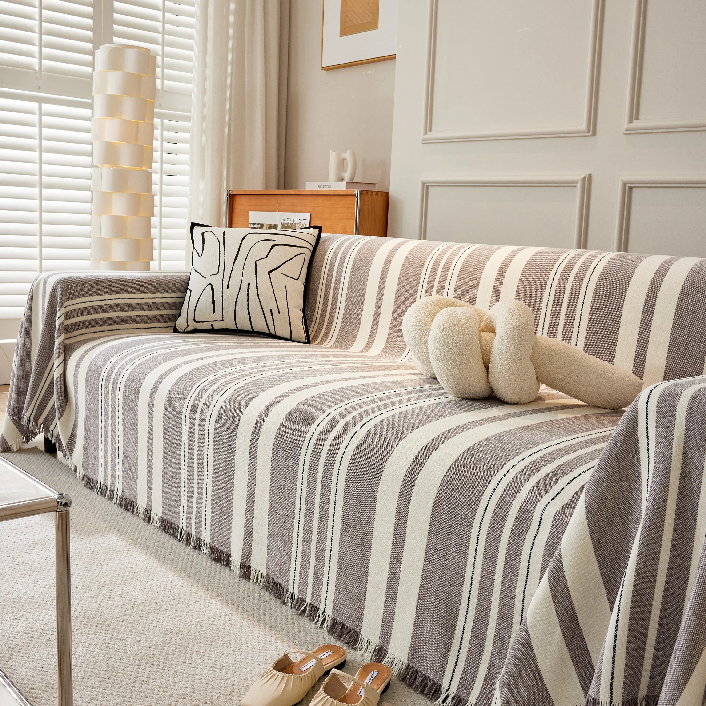 Striped Chenille Sofa Slipcover Throw, Soft Thick Washable Couch Cover Blanket