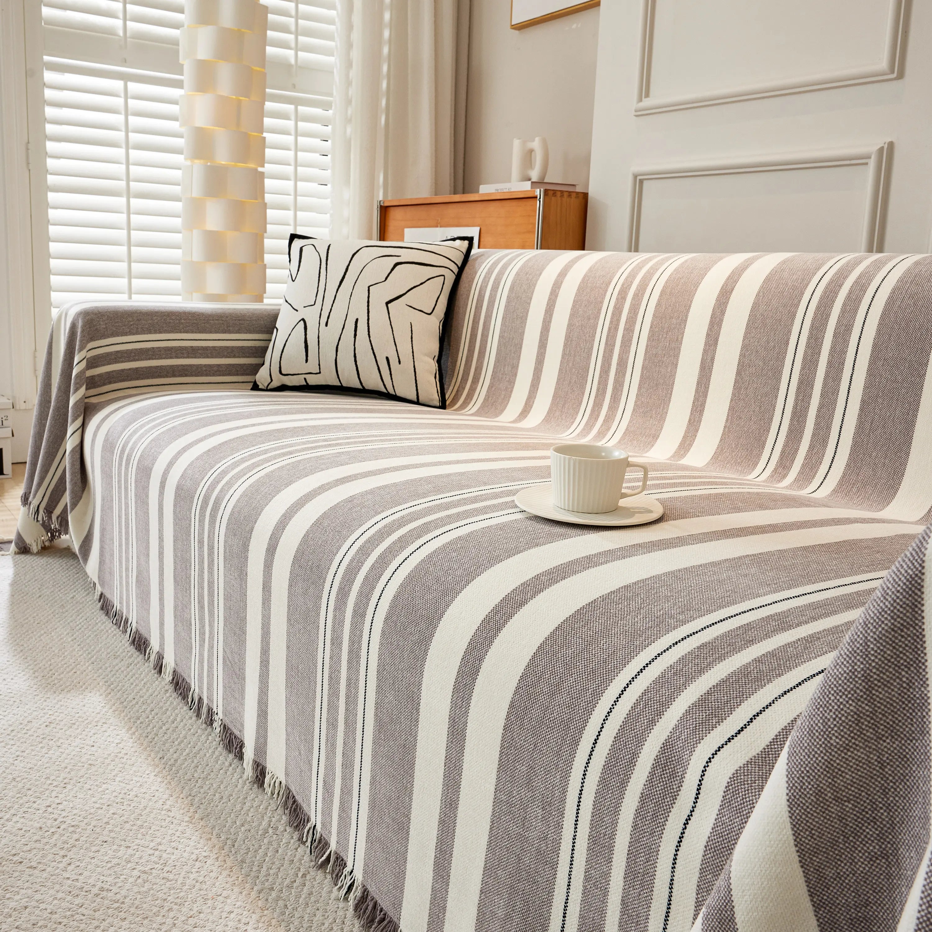 Striped Chenille Sofa Slipcover Throw, Soft Thick Washable Couch Cover Blanket