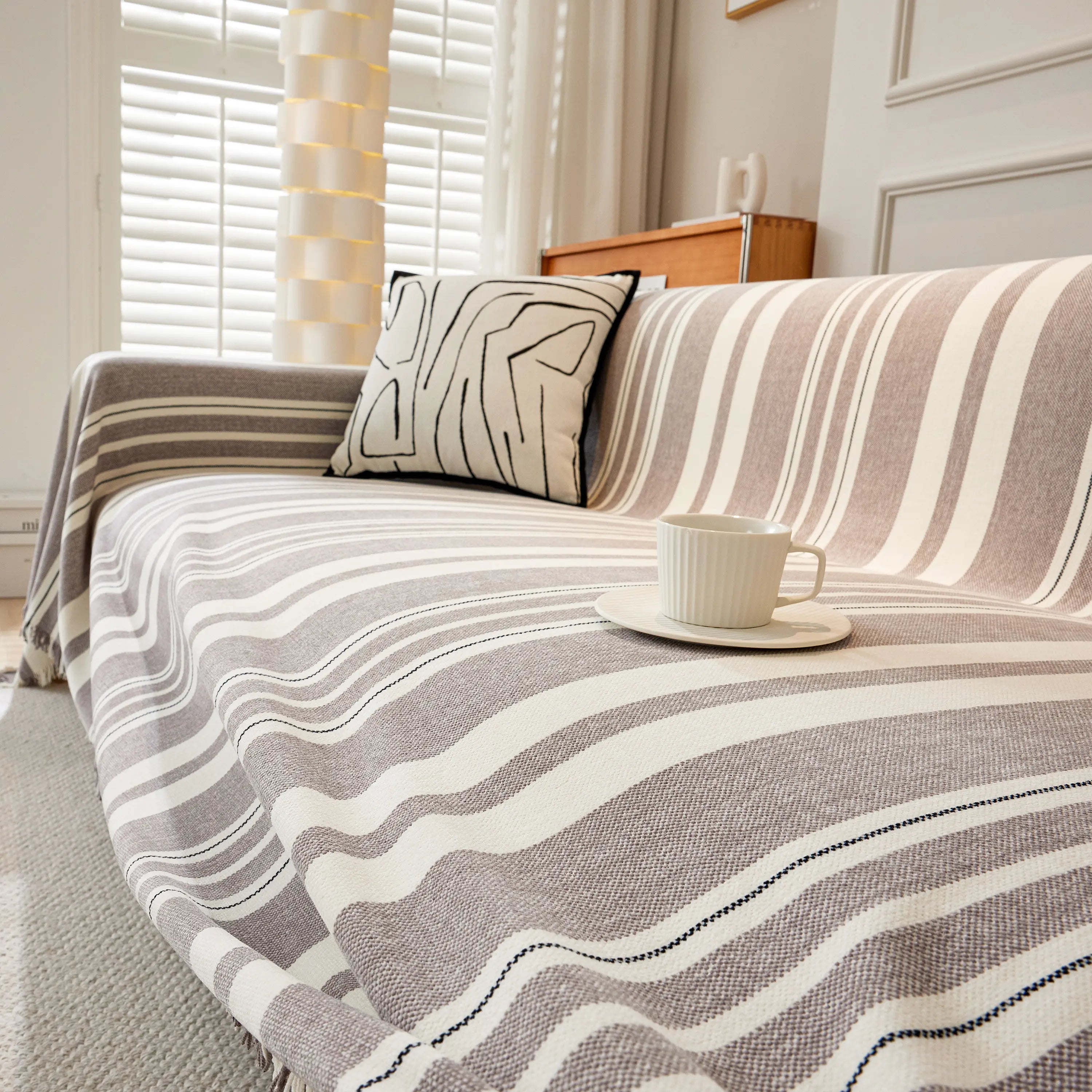 Striped Chenille Sofa Slipcover Throw, Soft Thick Washable Couch Cover Blanket