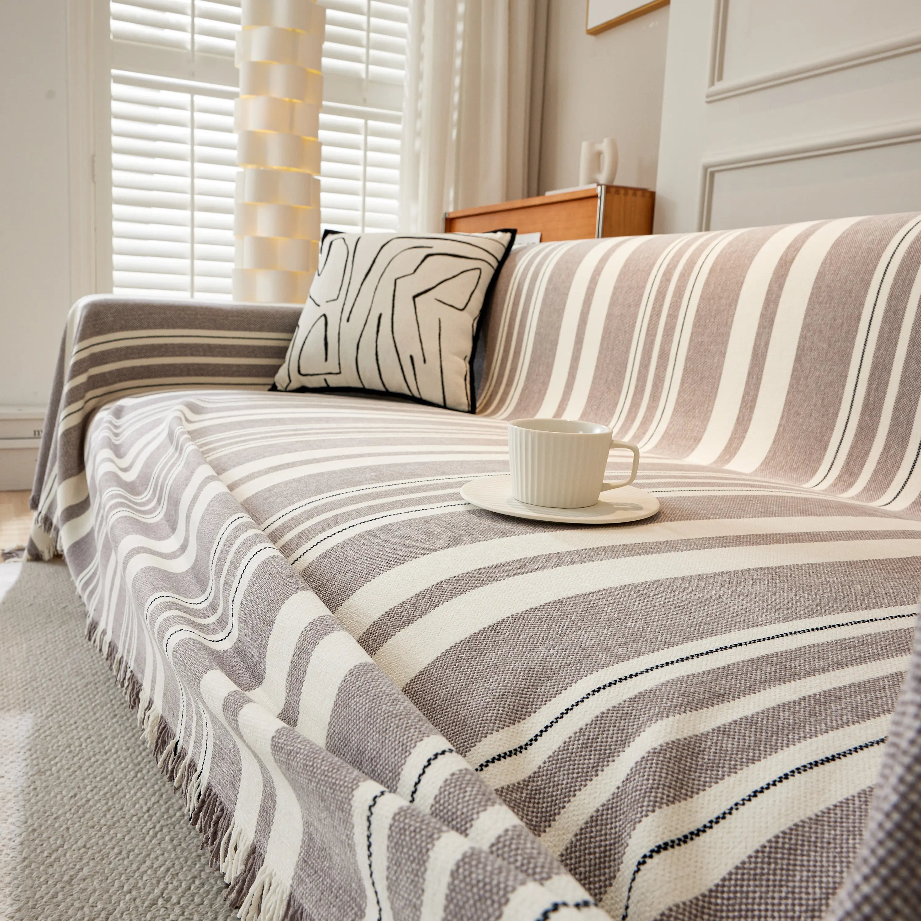 Striped Chenille Sofa Slipcover Throw, Soft Thick Washable Couch Cover Blanket