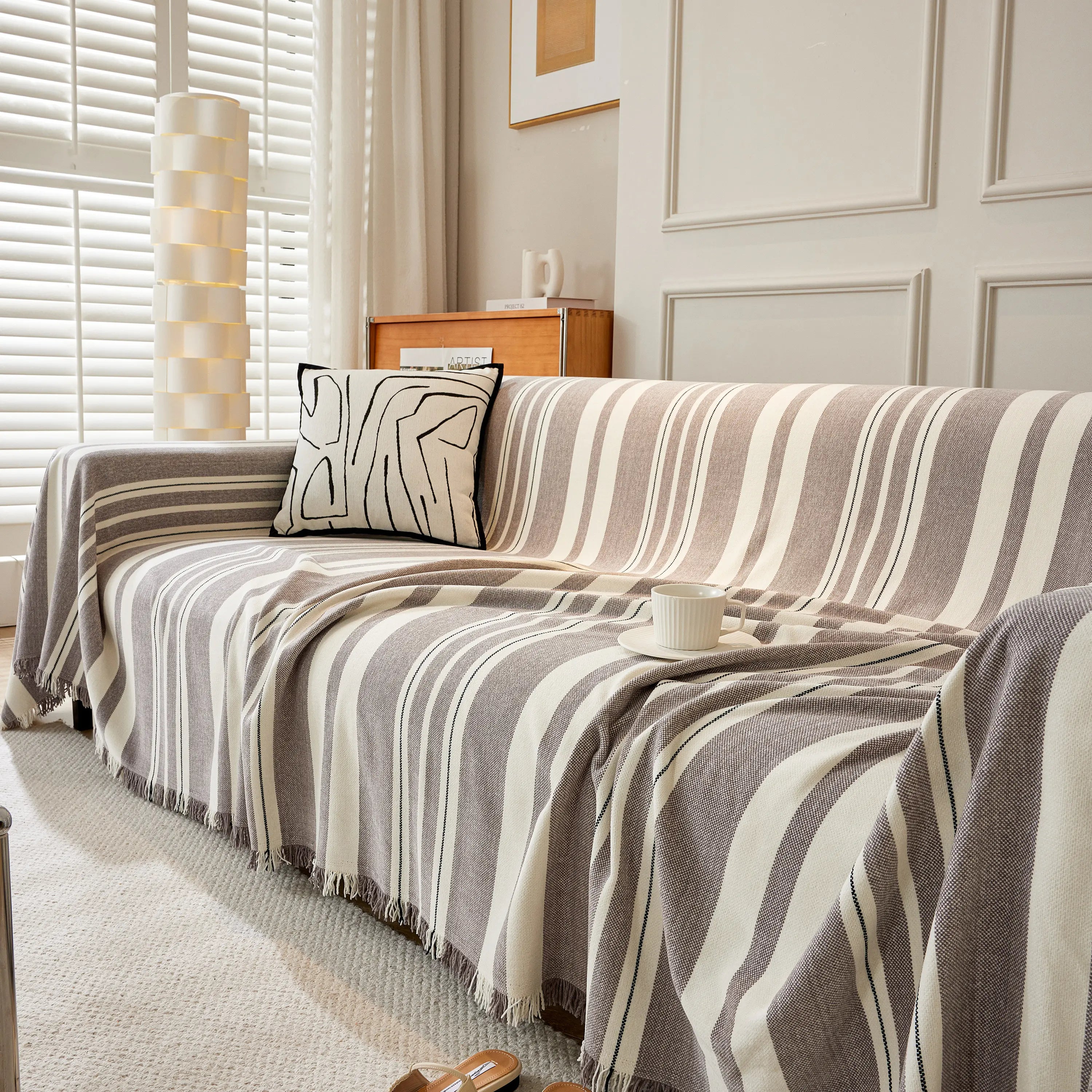 Striped Chenille Sofa Slipcover Throw, Soft Thick Washable Couch Cover Blanket