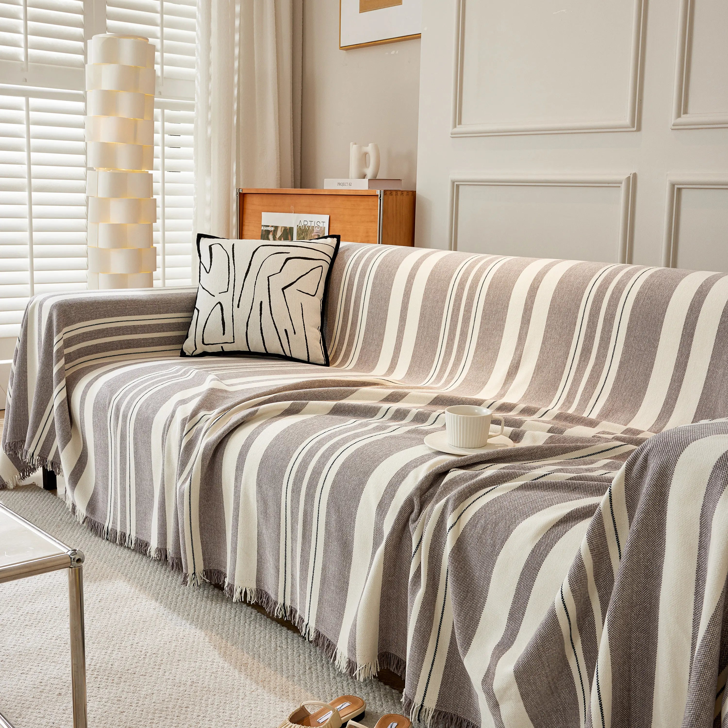 Striped Chenille Sofa Slipcover Throw, Soft Thick Washable Couch Cover Blanket