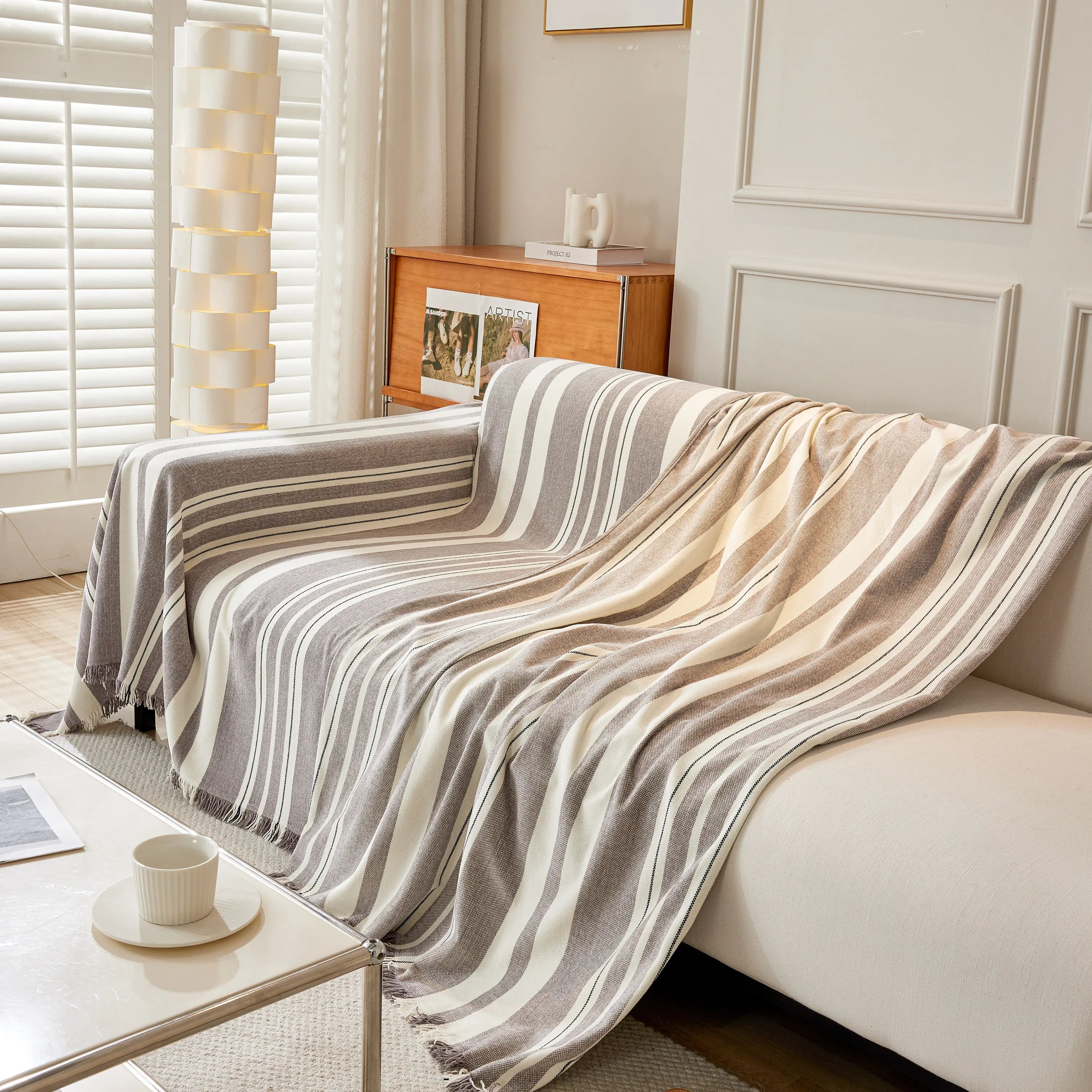 Striped Chenille Sofa Slipcover Throw, Soft Thick Washable Couch Cover Blanket