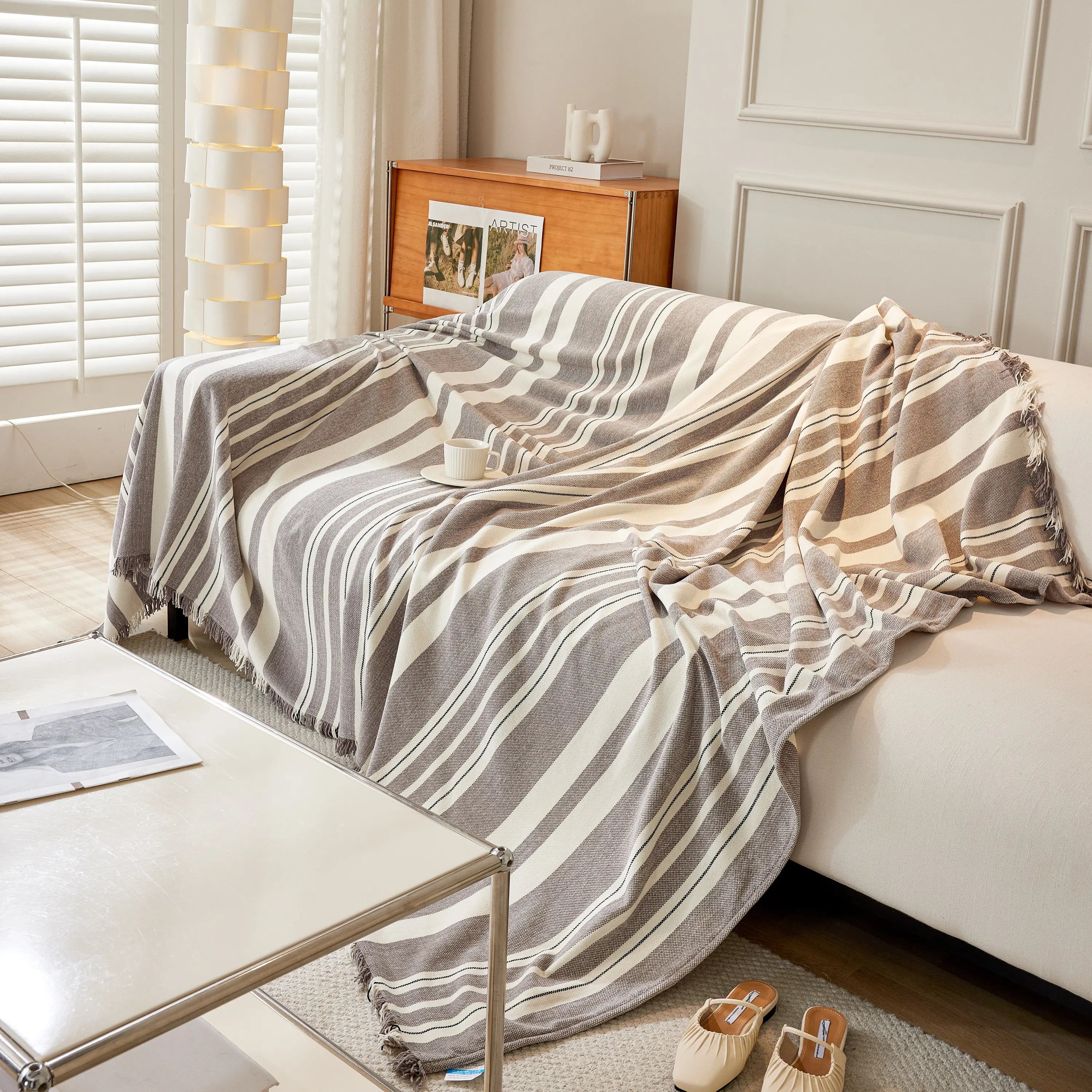 Striped Chenille Sofa Slipcover Throw, Soft Thick Washable Couch Cover Blanket