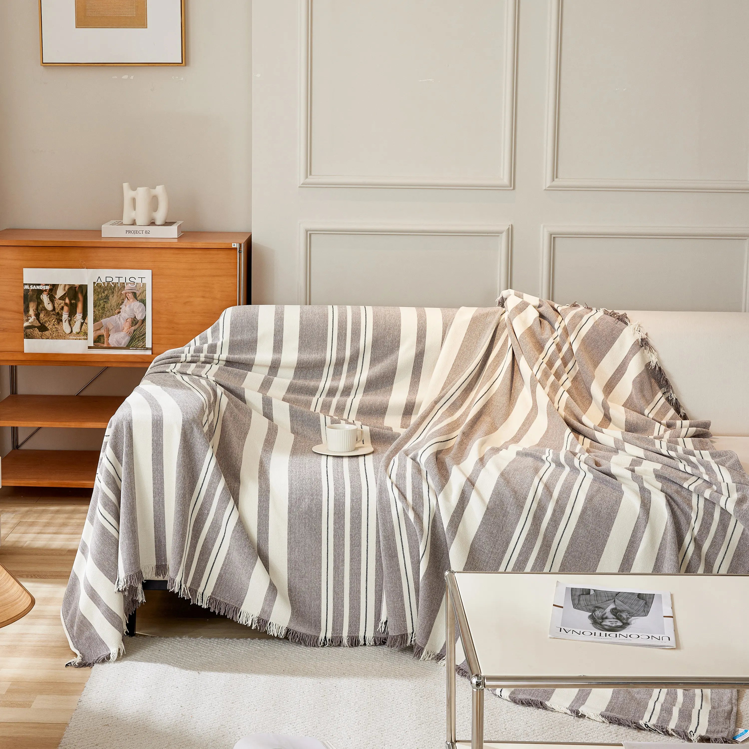 Striped Chenille Sofa Slipcover Throw, Soft Thick Washable Couch Cover Blanket