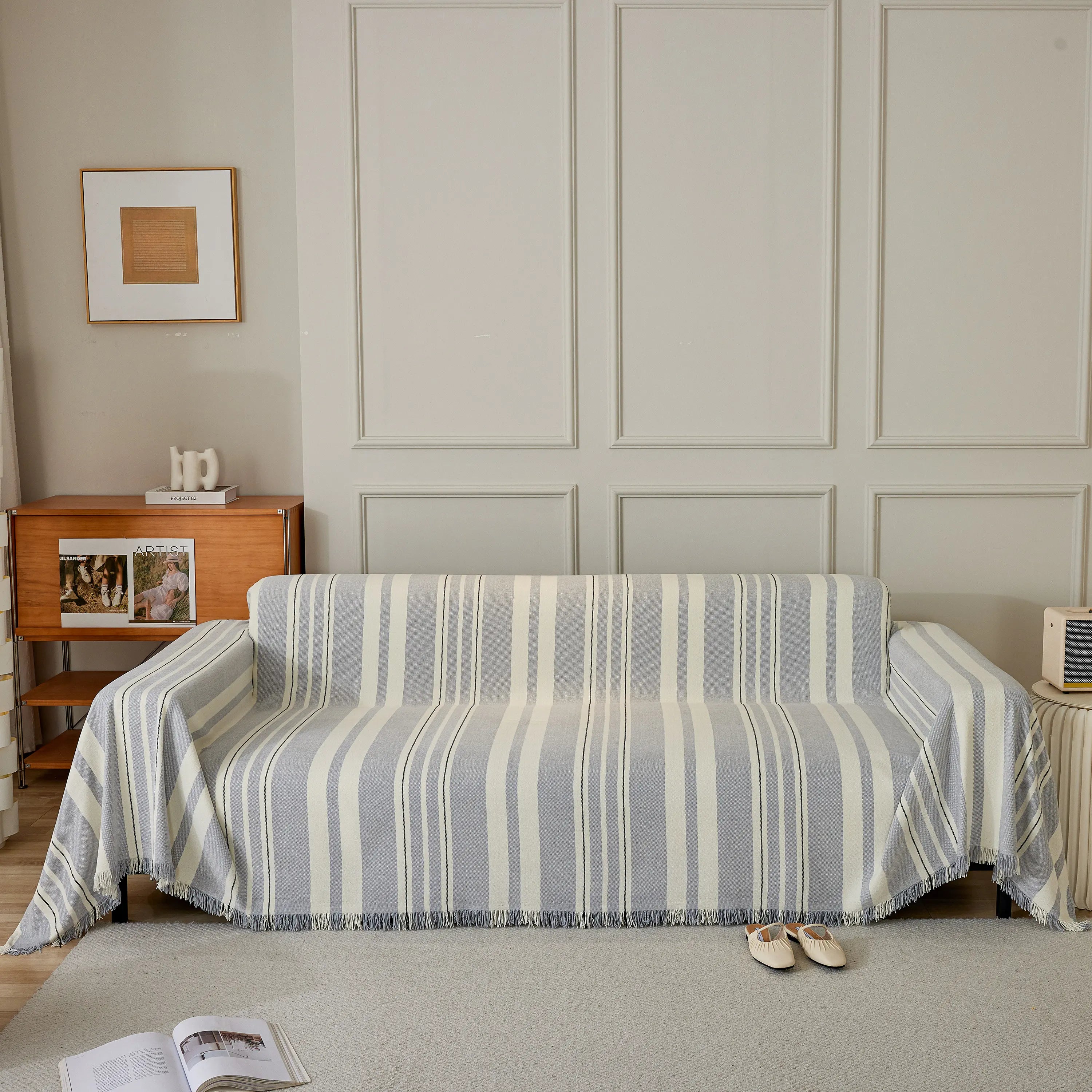Striped Chenille Sofa Slipcover Throw, Soft Thick Washable Couch Cover Blanket