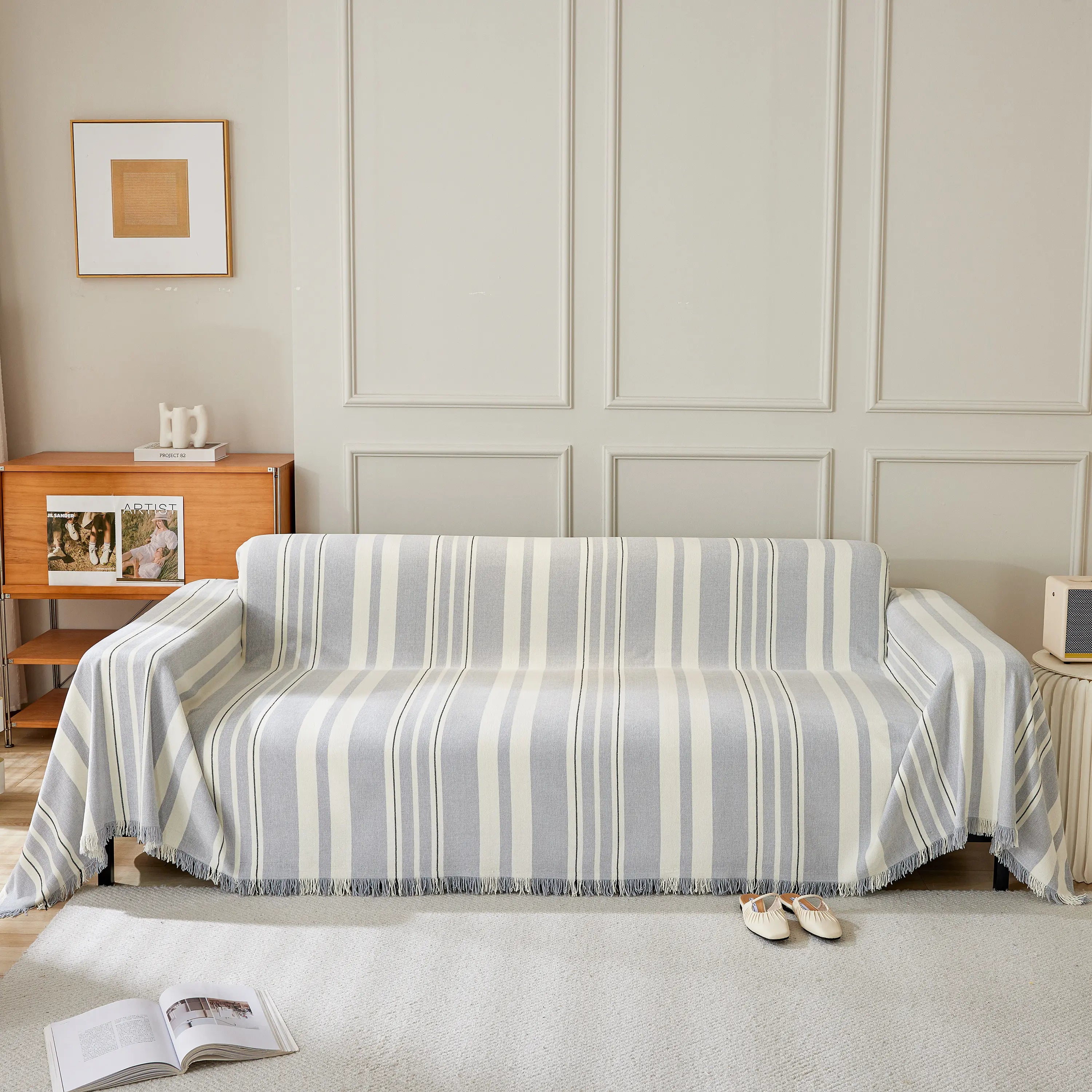 Striped Chenille Sofa Slipcover Throw, Soft Thick Washable Couch Cover Blanket