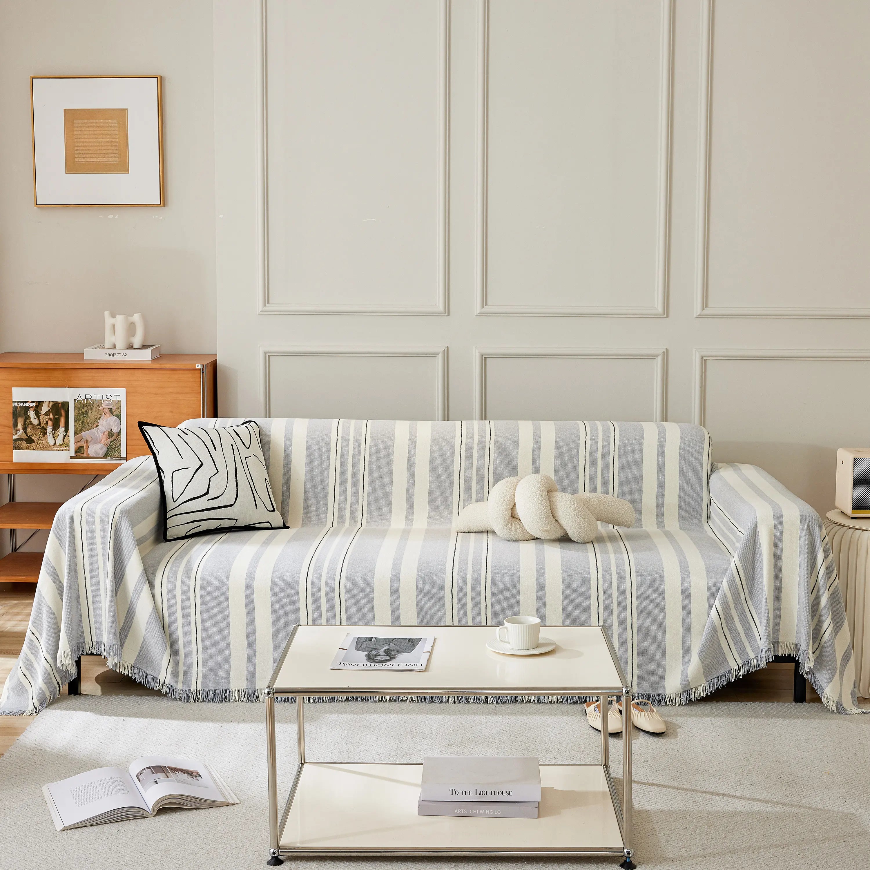 Striped Chenille Sofa Slipcover Throw, Soft Thick Washable Couch Cover Blanket