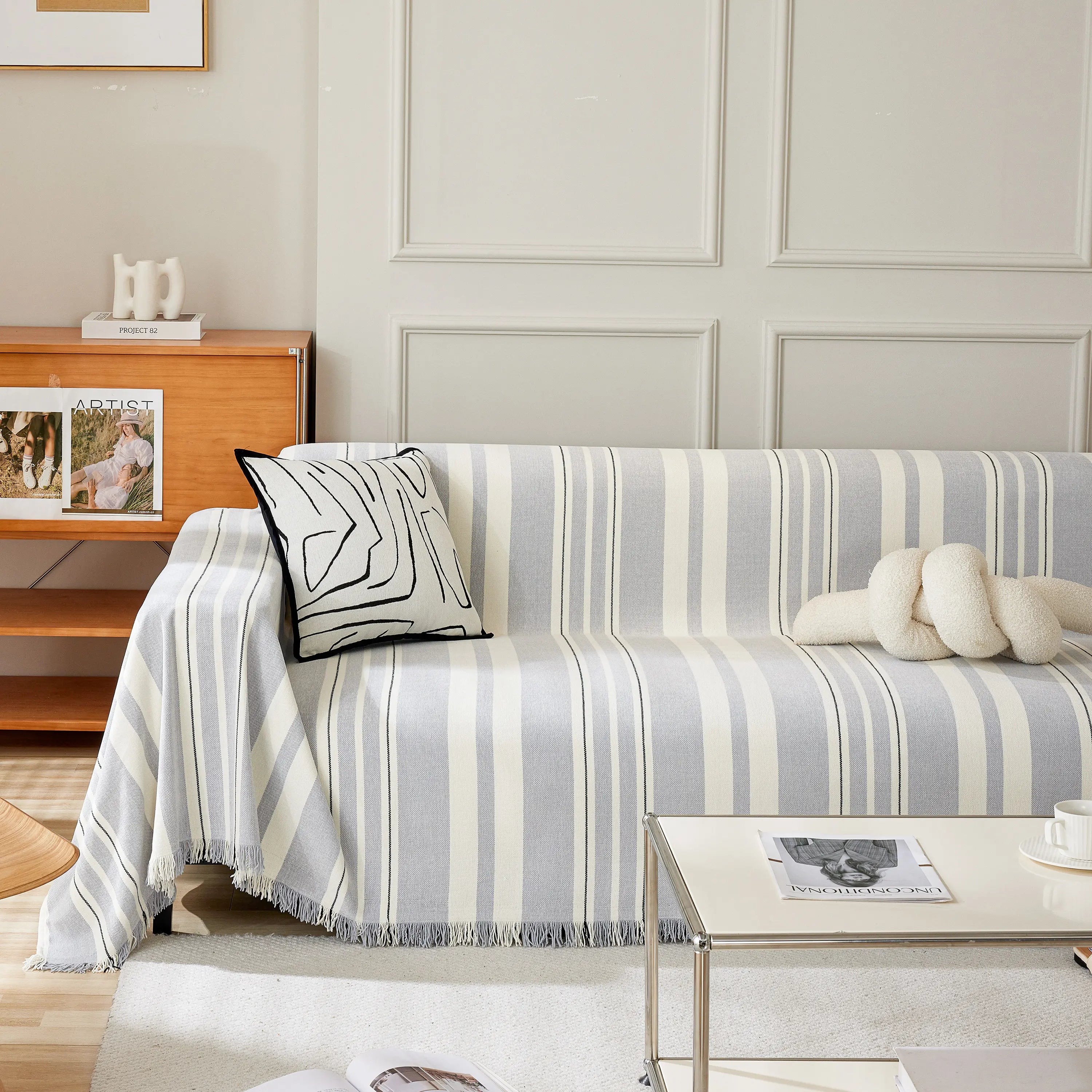 Striped Chenille Sofa Slipcover Throw, Soft Thick Washable Couch Cover Blanket