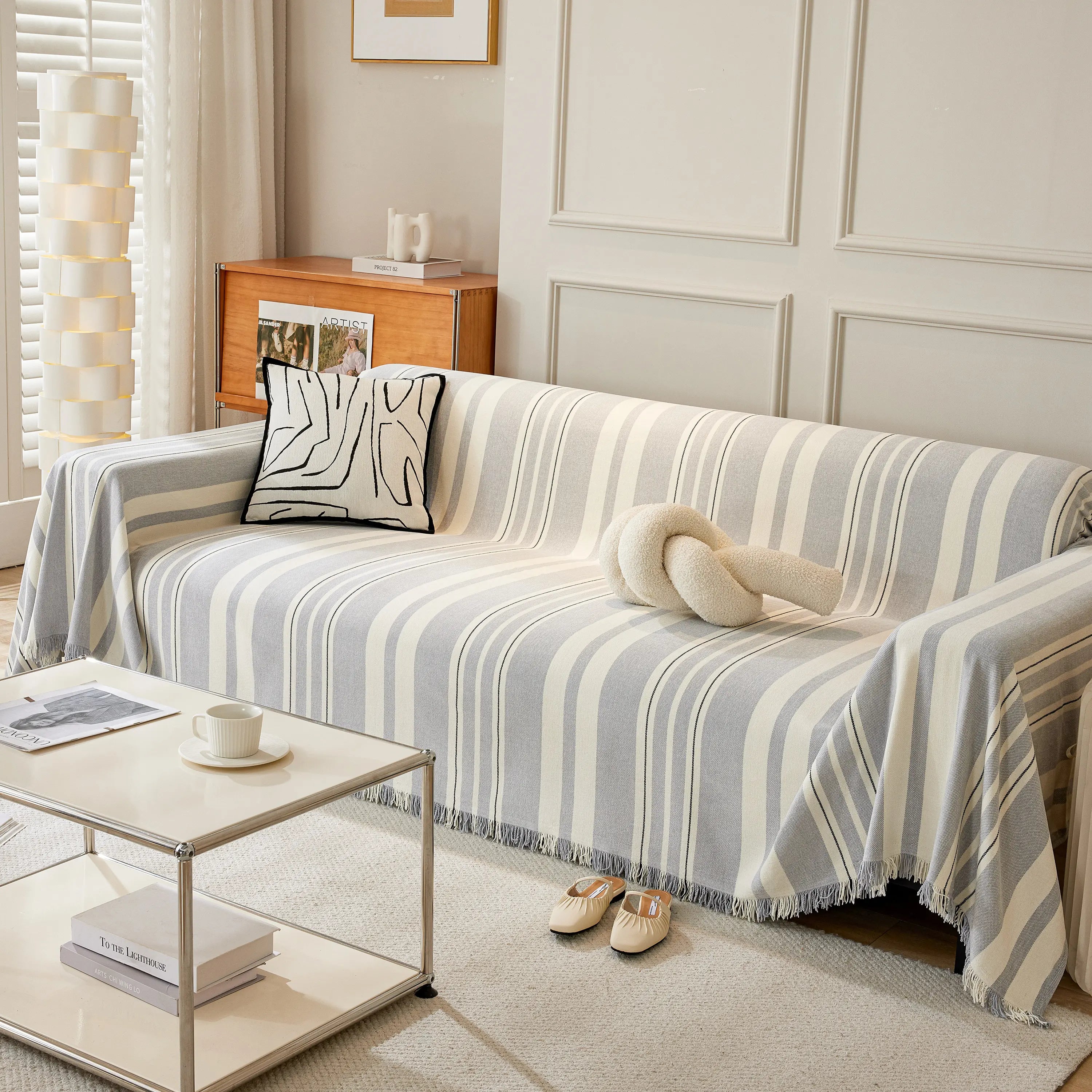 Striped Chenille Sofa Slipcover Throw, Soft Thick Washable Couch Cover Blanket