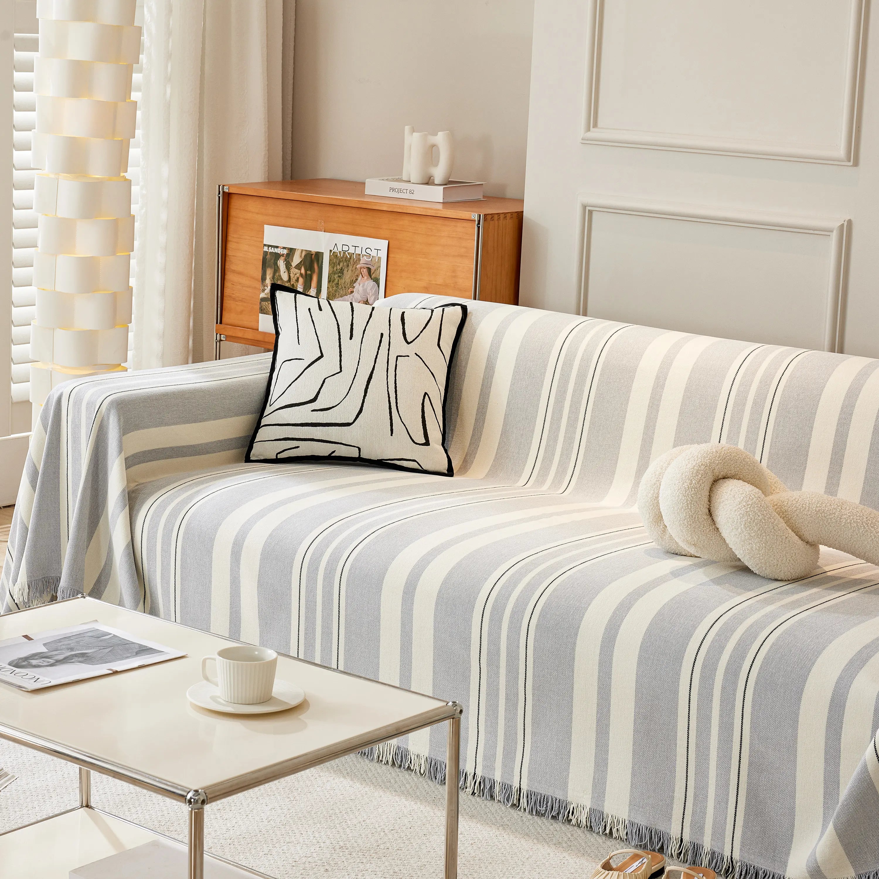 Striped Chenille Sofa Slipcover Throw, Soft Thick Washable Couch Cover Blanket