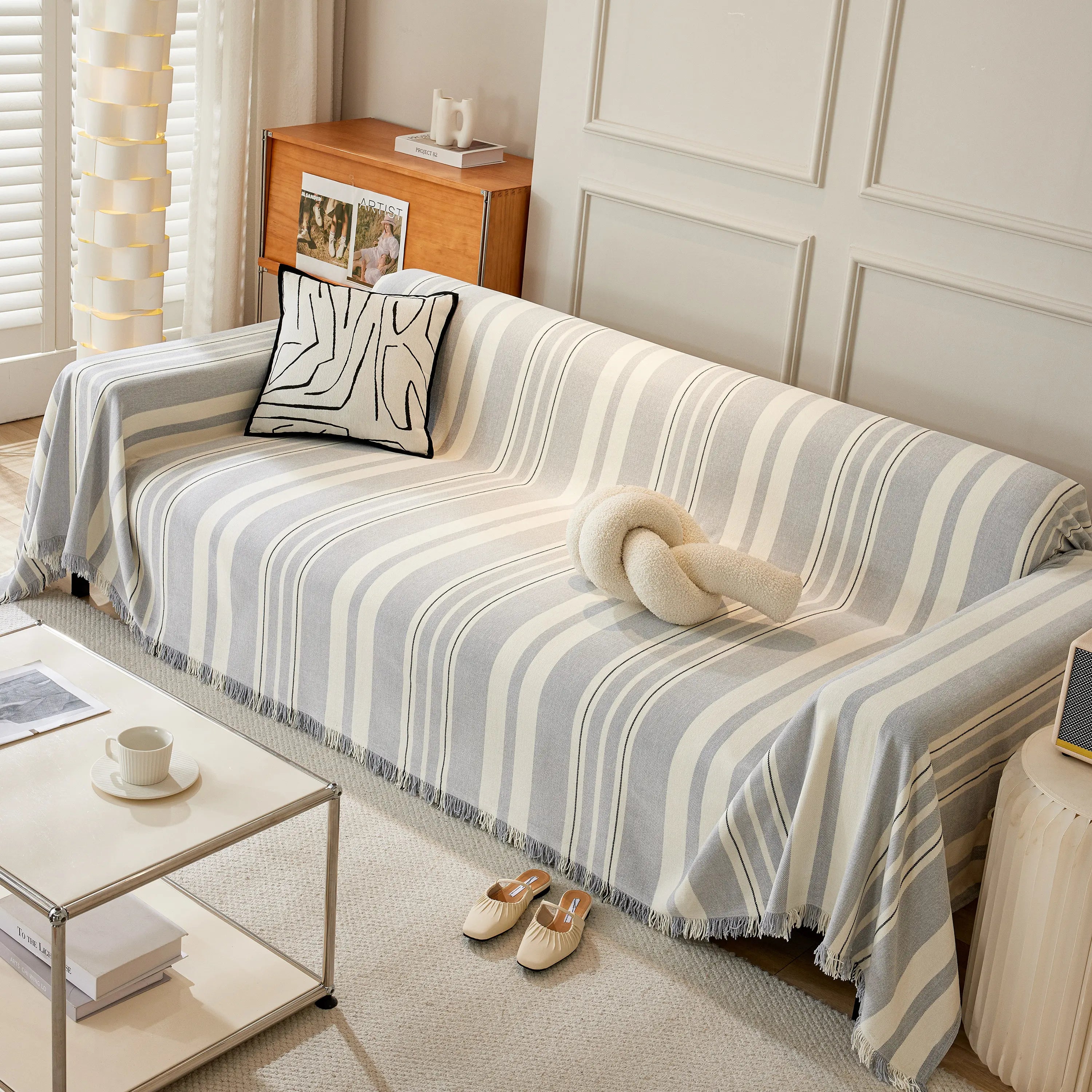 Striped Chenille Sofa Slipcover Throw, Soft Thick Washable Couch Cover Blanket