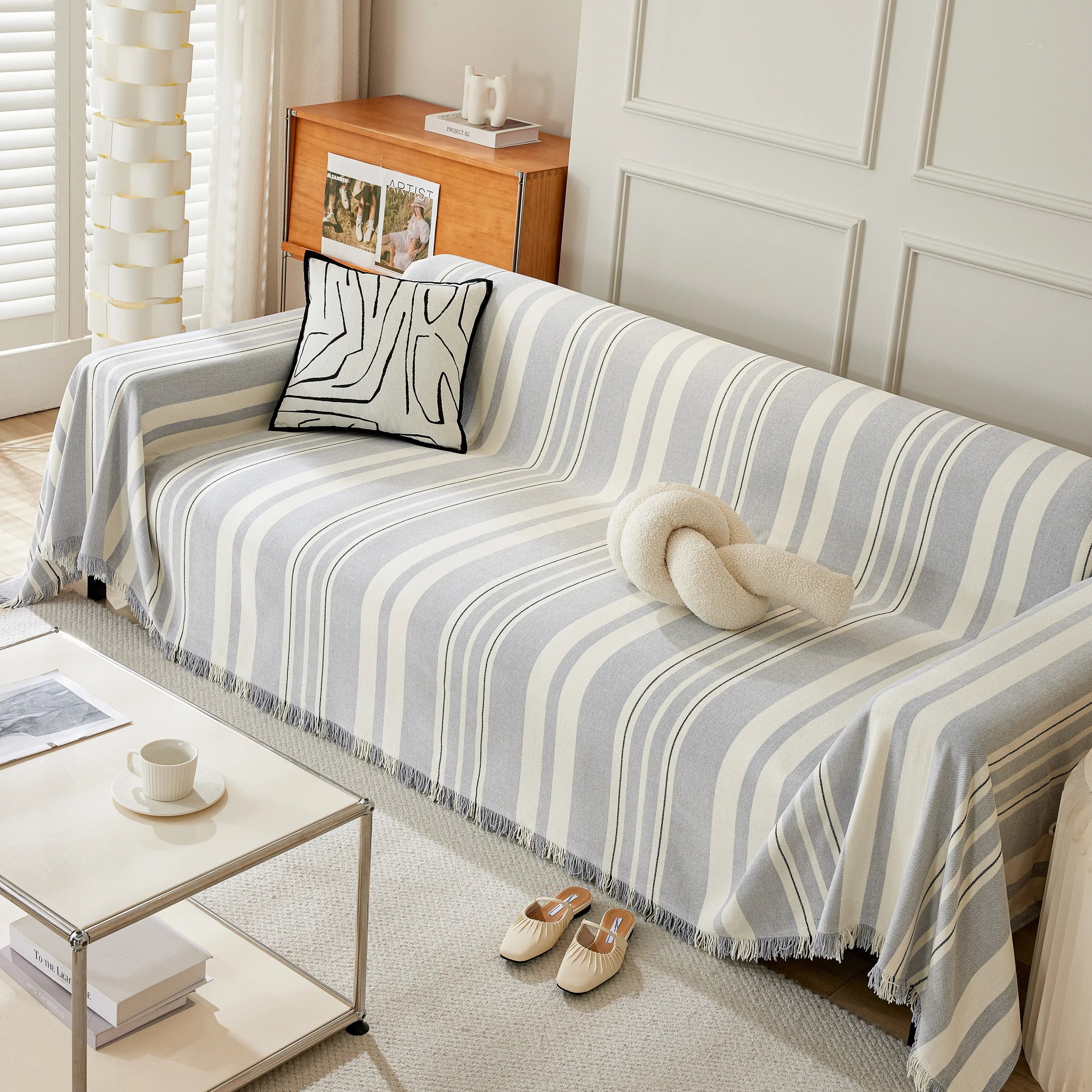 Striped Chenille Sofa Slipcover Throw, Soft Thick Washable Couch Cover Blanket