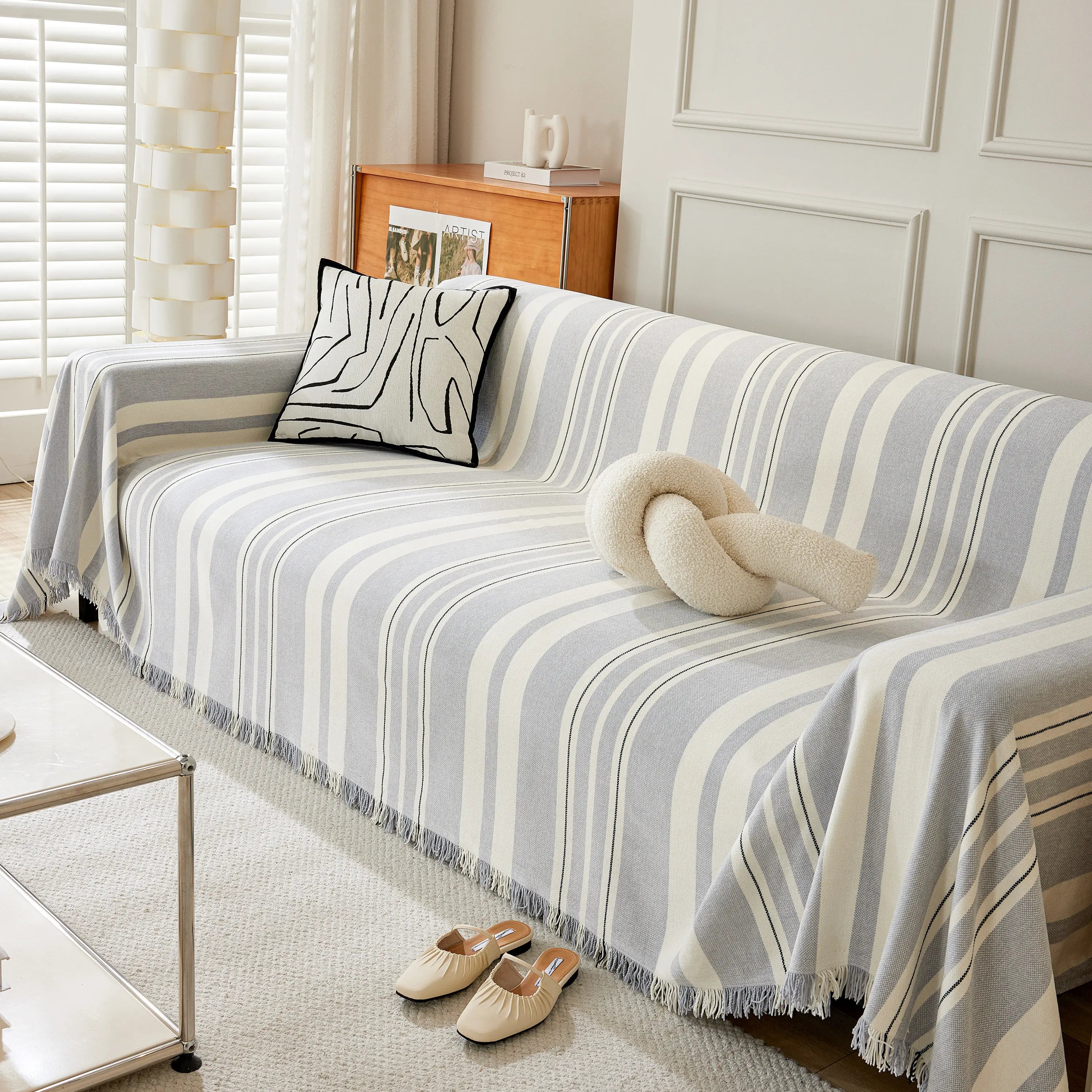 Striped Chenille Sofa Slipcover Throw, Soft Thick Washable Couch Cover Blanket