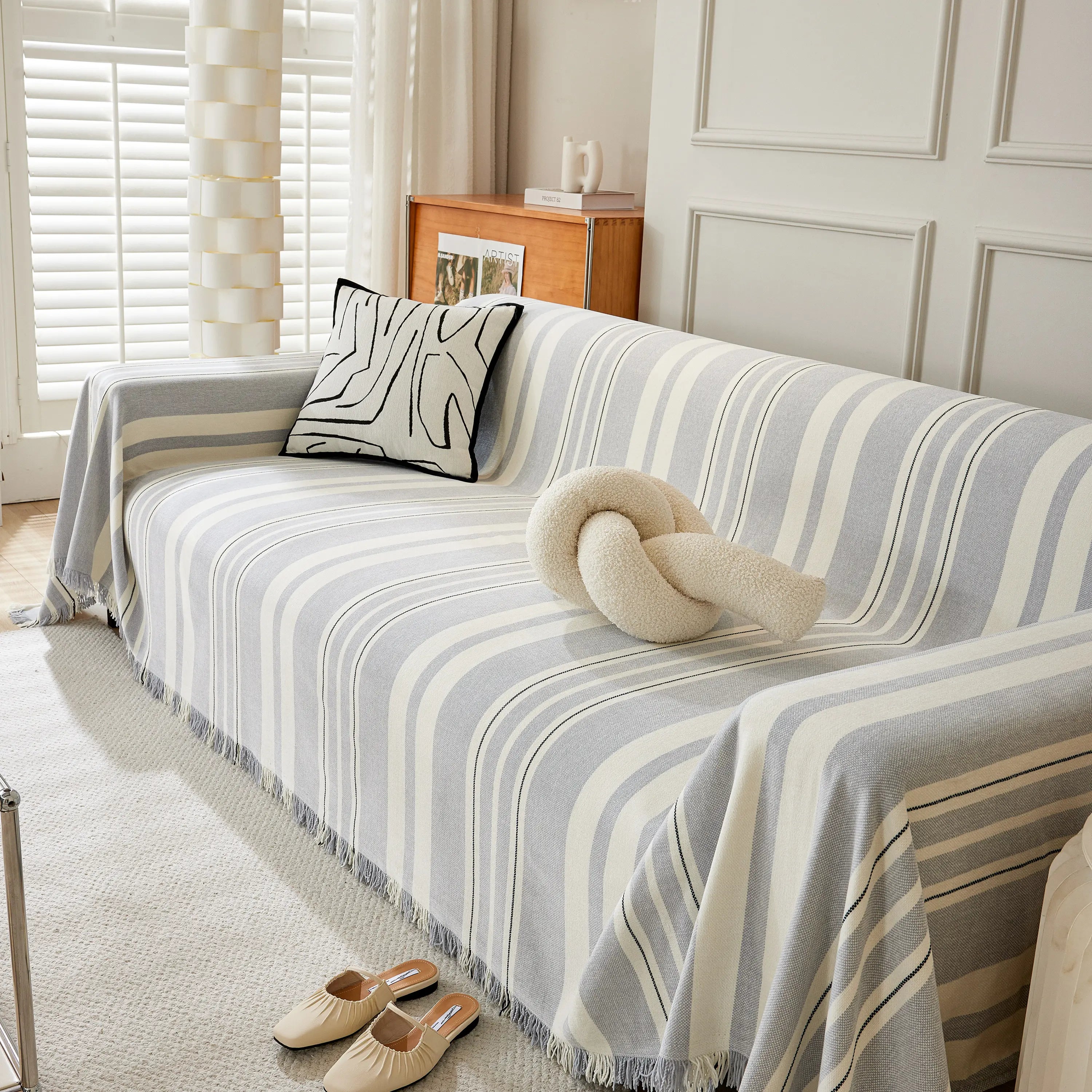 Striped Chenille Sofa Slipcover Throw, Soft Thick Washable Couch Cover Blanket