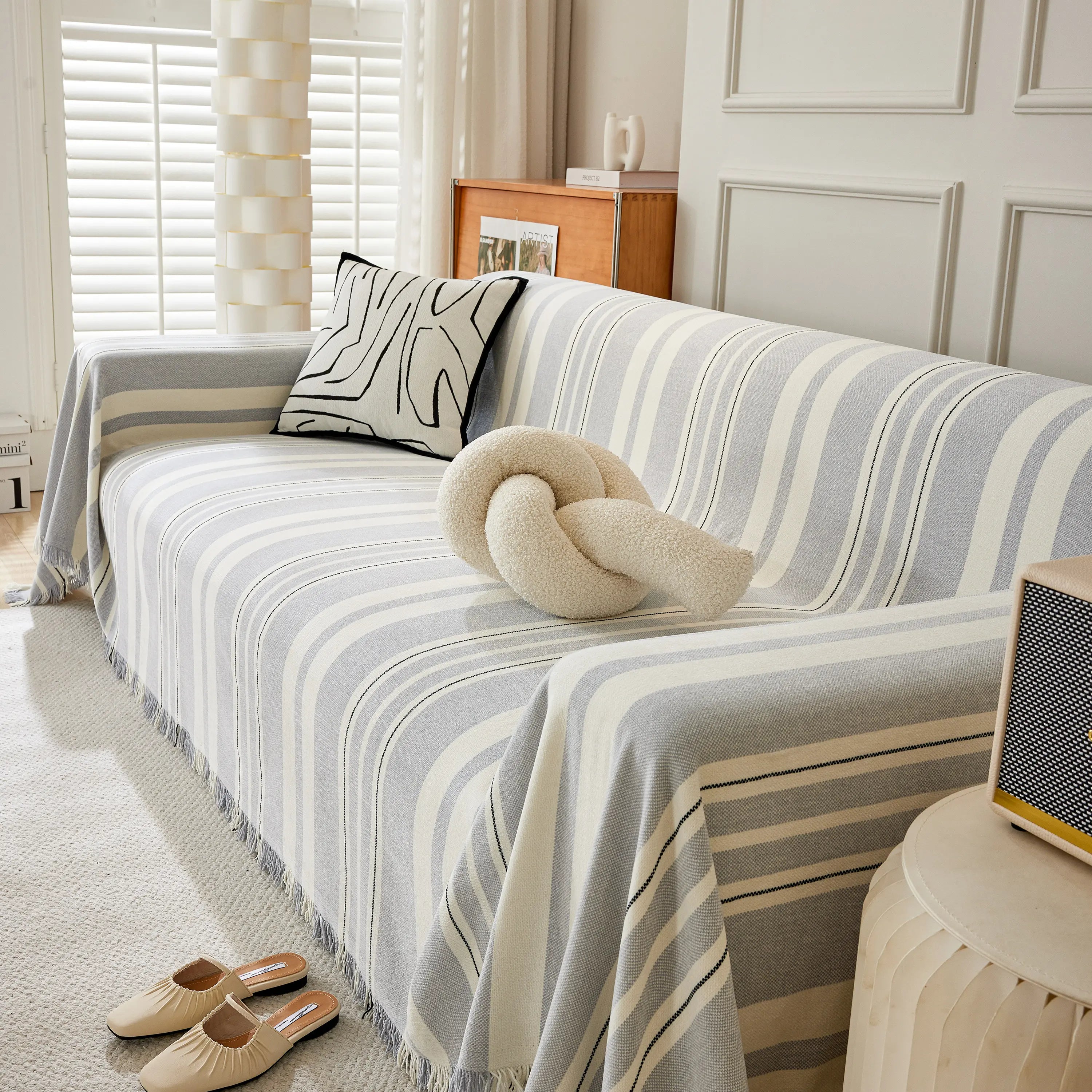 Striped Chenille Sofa Slipcover Throw, Soft Thick Washable Couch Cover Blanket
