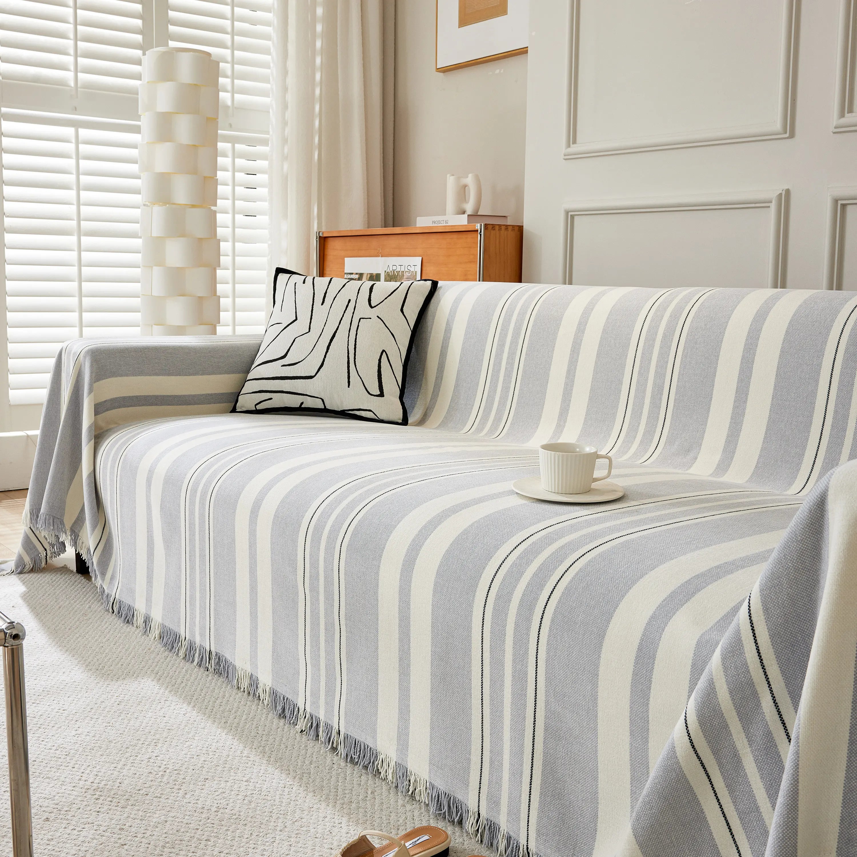 Striped Chenille Sofa Slipcover Throw, Soft Thick Washable Couch Cover Blanket