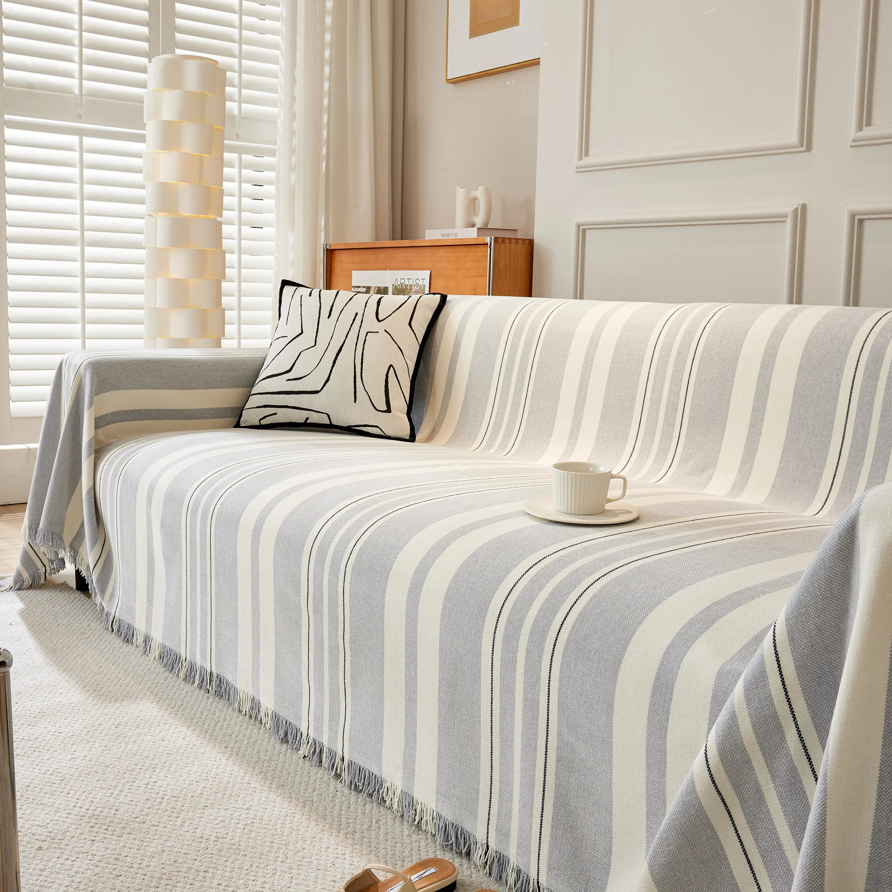 Striped Chenille Sofa Slipcover Throw, Soft Thick Washable Couch Cover Blanket