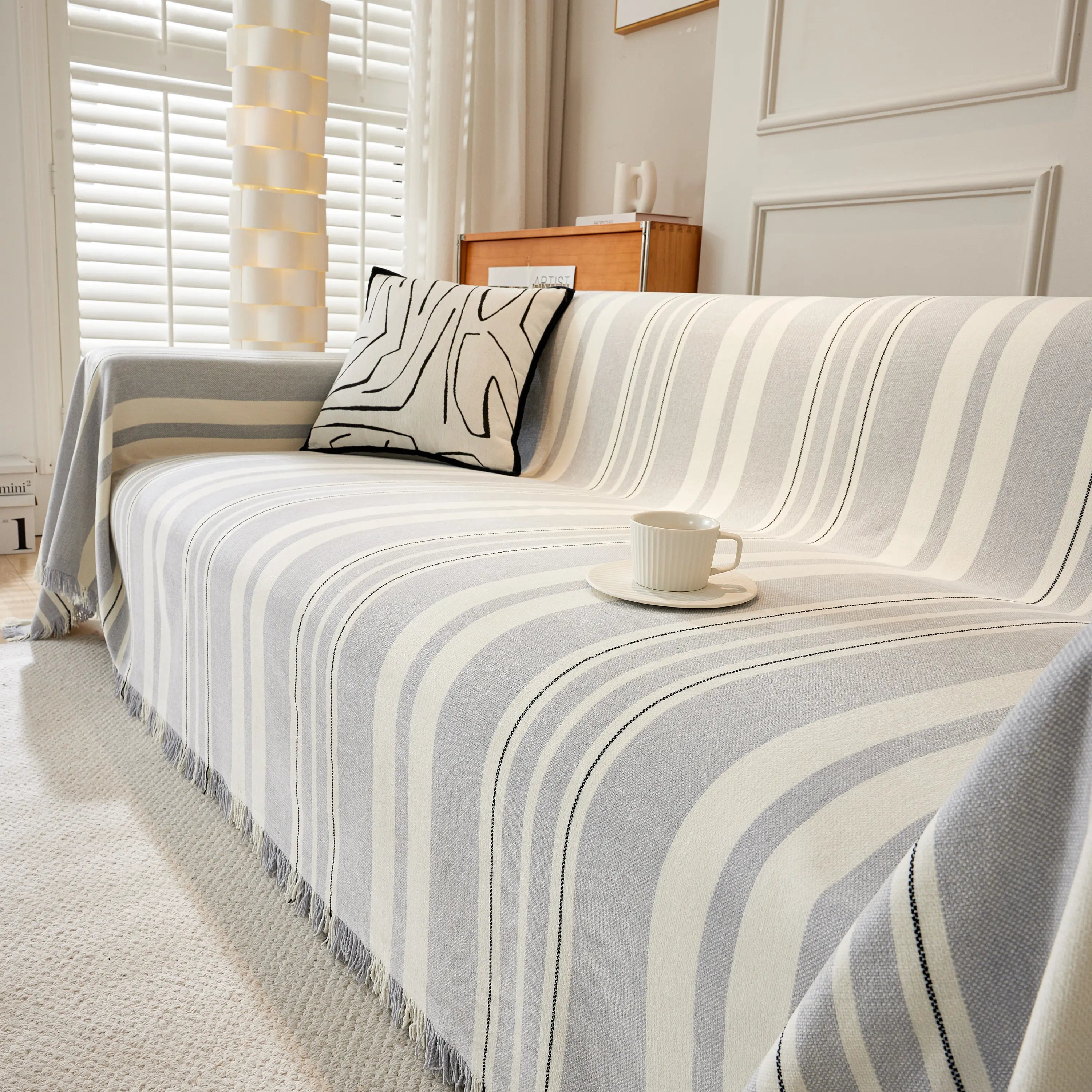 Striped Chenille Sofa Slipcover Throw, Soft Thick Washable Couch Cover Blanket
