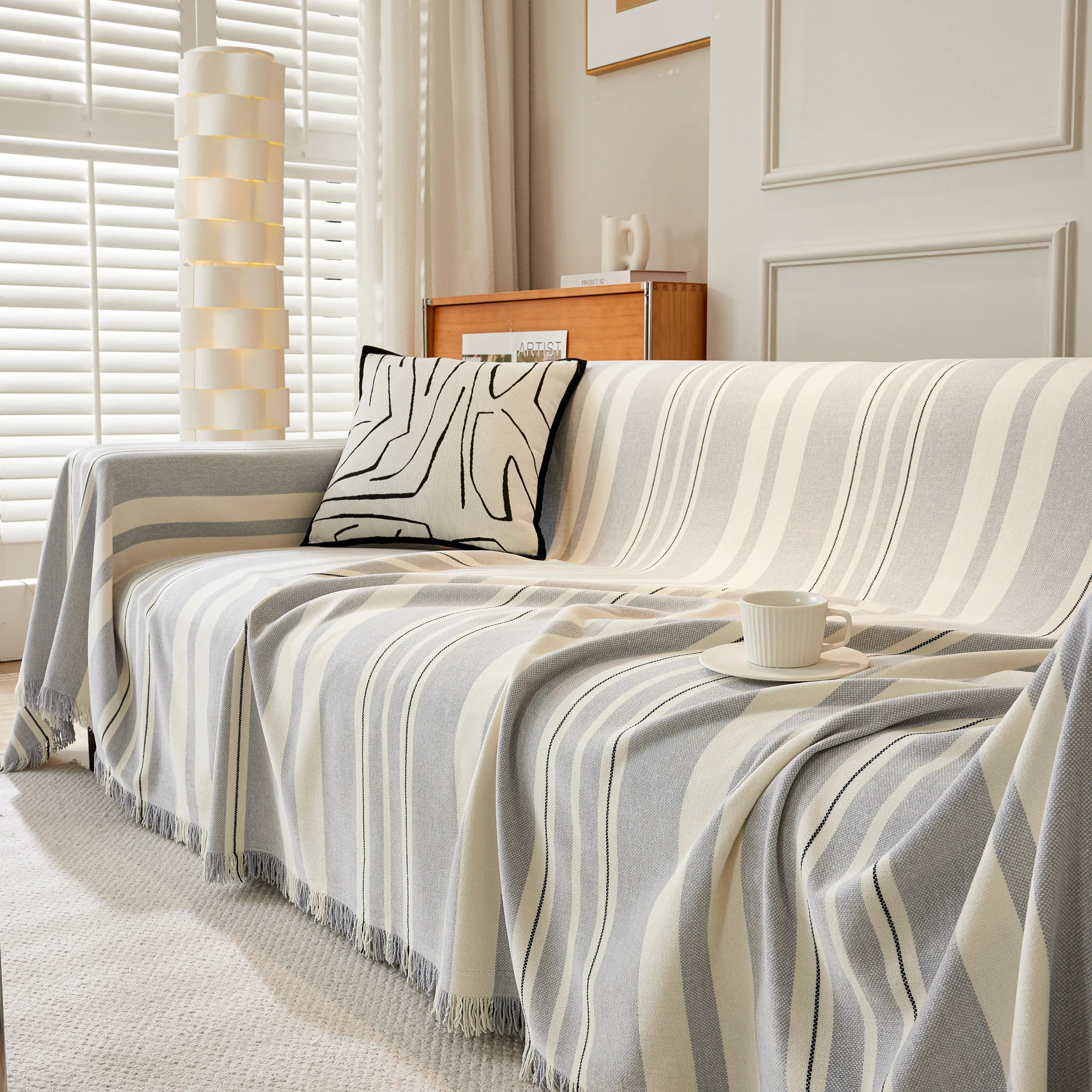 Striped Chenille Sofa Slipcover Throw, Soft Thick Washable Couch Cover Blanket