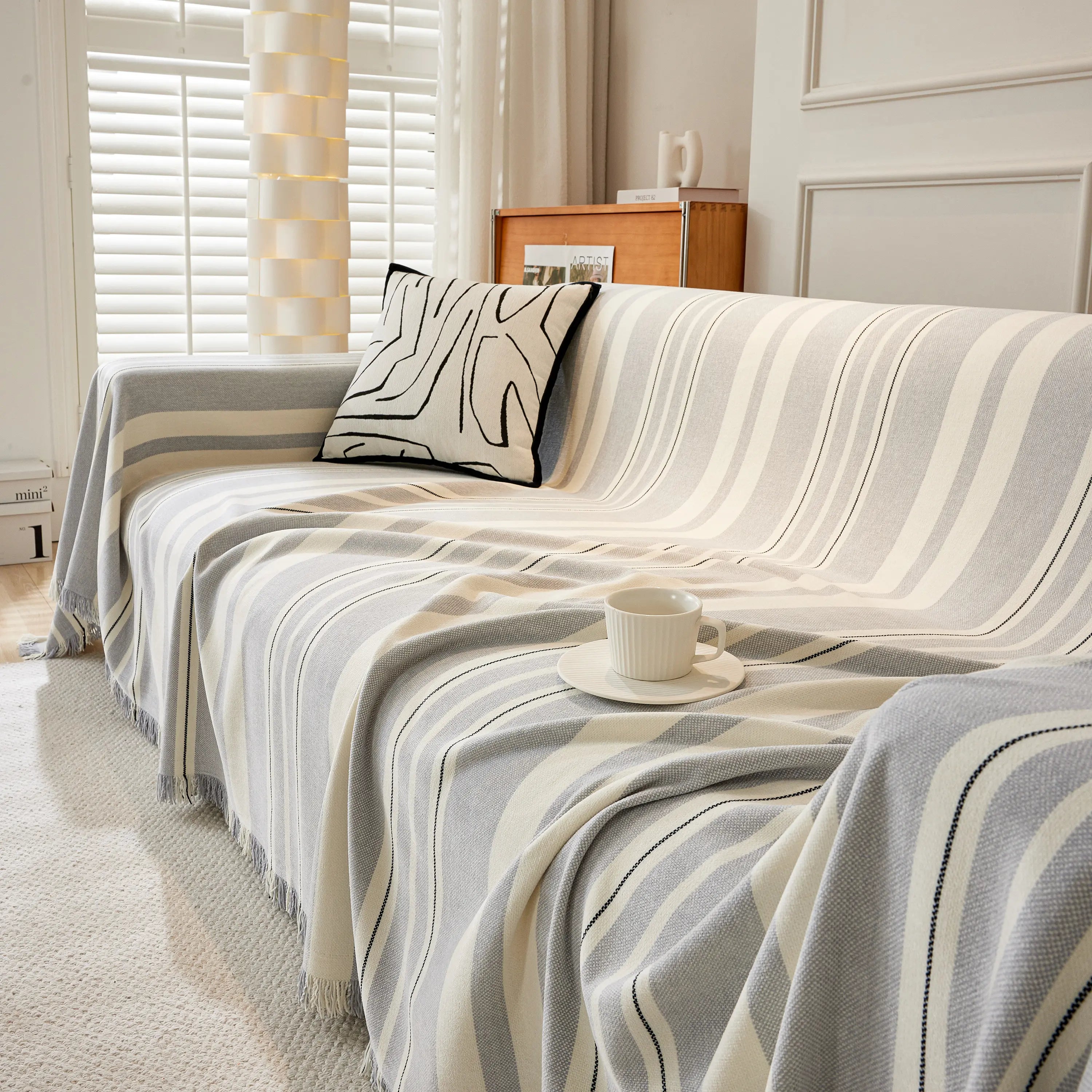 Striped Chenille Sofa Slipcover Throw, Soft Thick Washable Couch Cover Blanket
