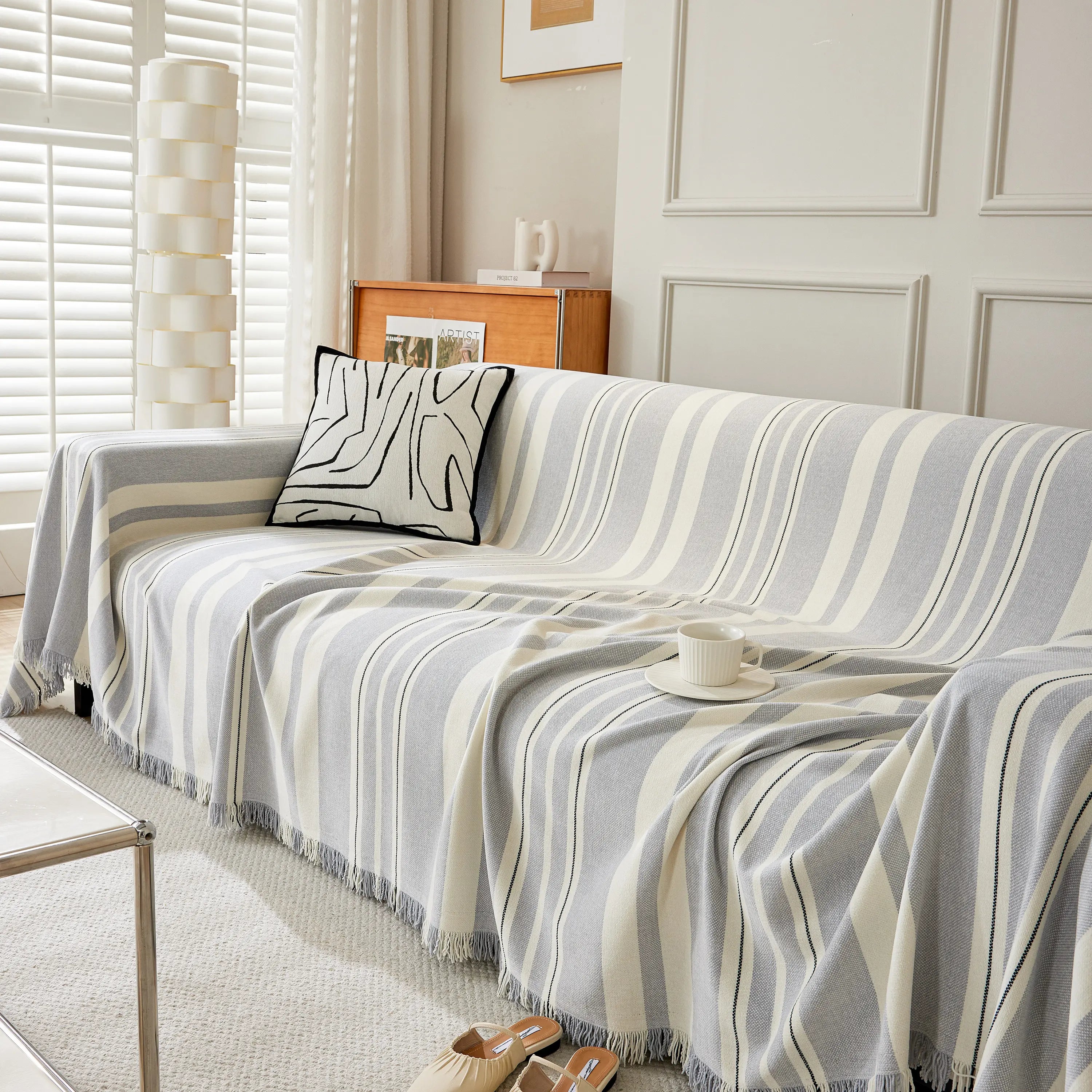 Striped Chenille Sofa Slipcover Throw, Soft Thick Washable Couch Cover Blanket