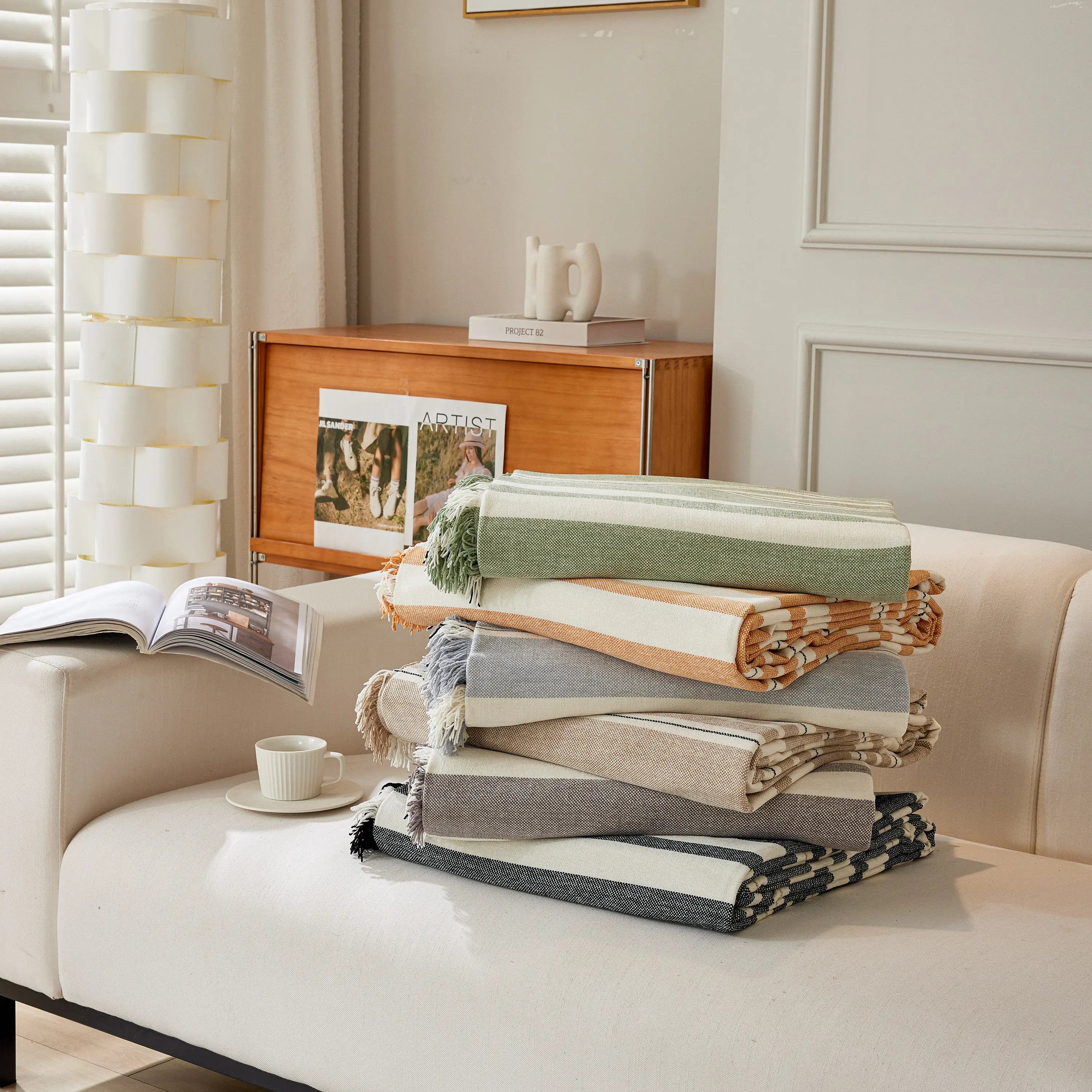 Striped Chenille Sofa Slipcover Throw, Soft Thick Washable Couch Cover Blanket