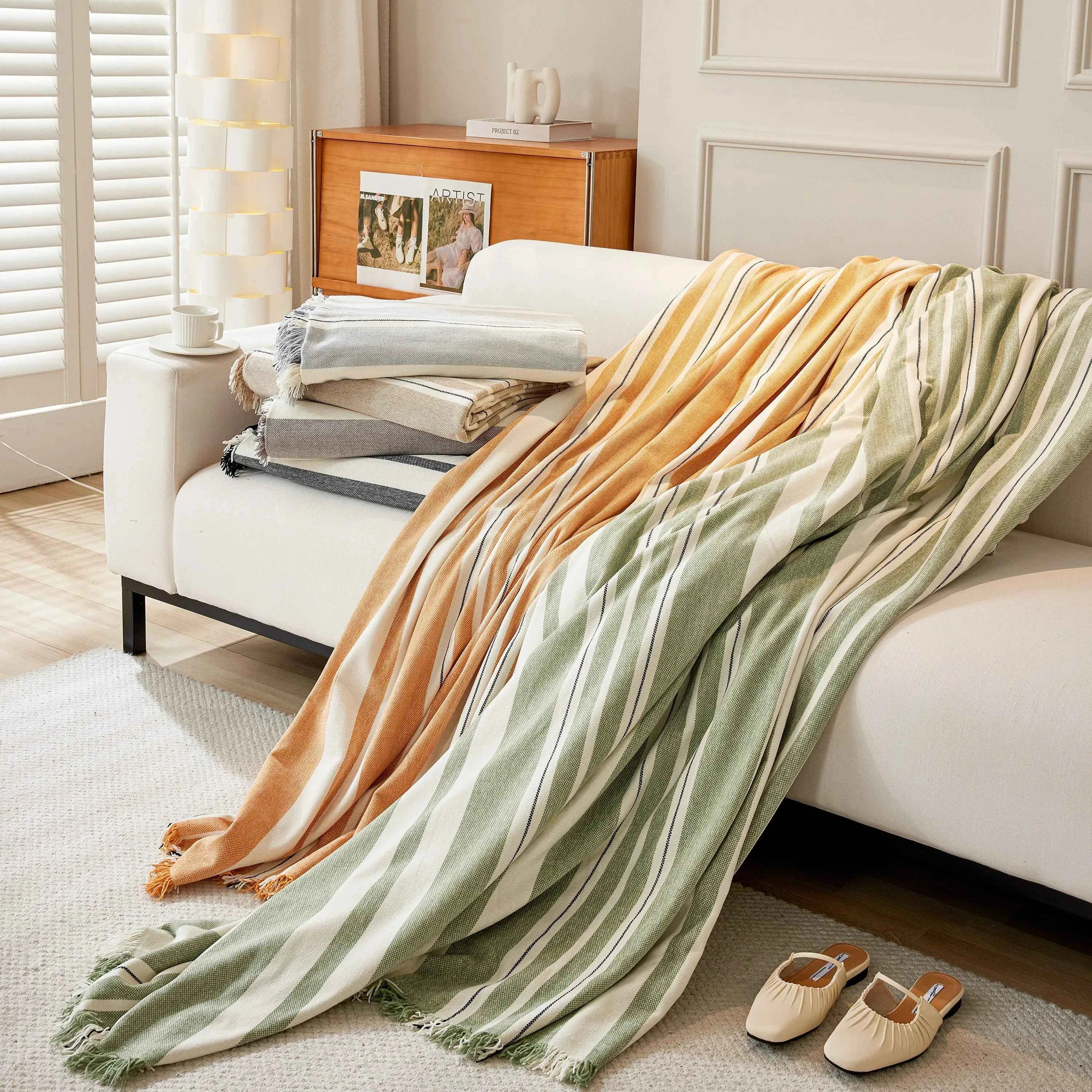 Striped Chenille Sofa Slipcover Throw, Soft Thick Washable Couch Cover Blanket