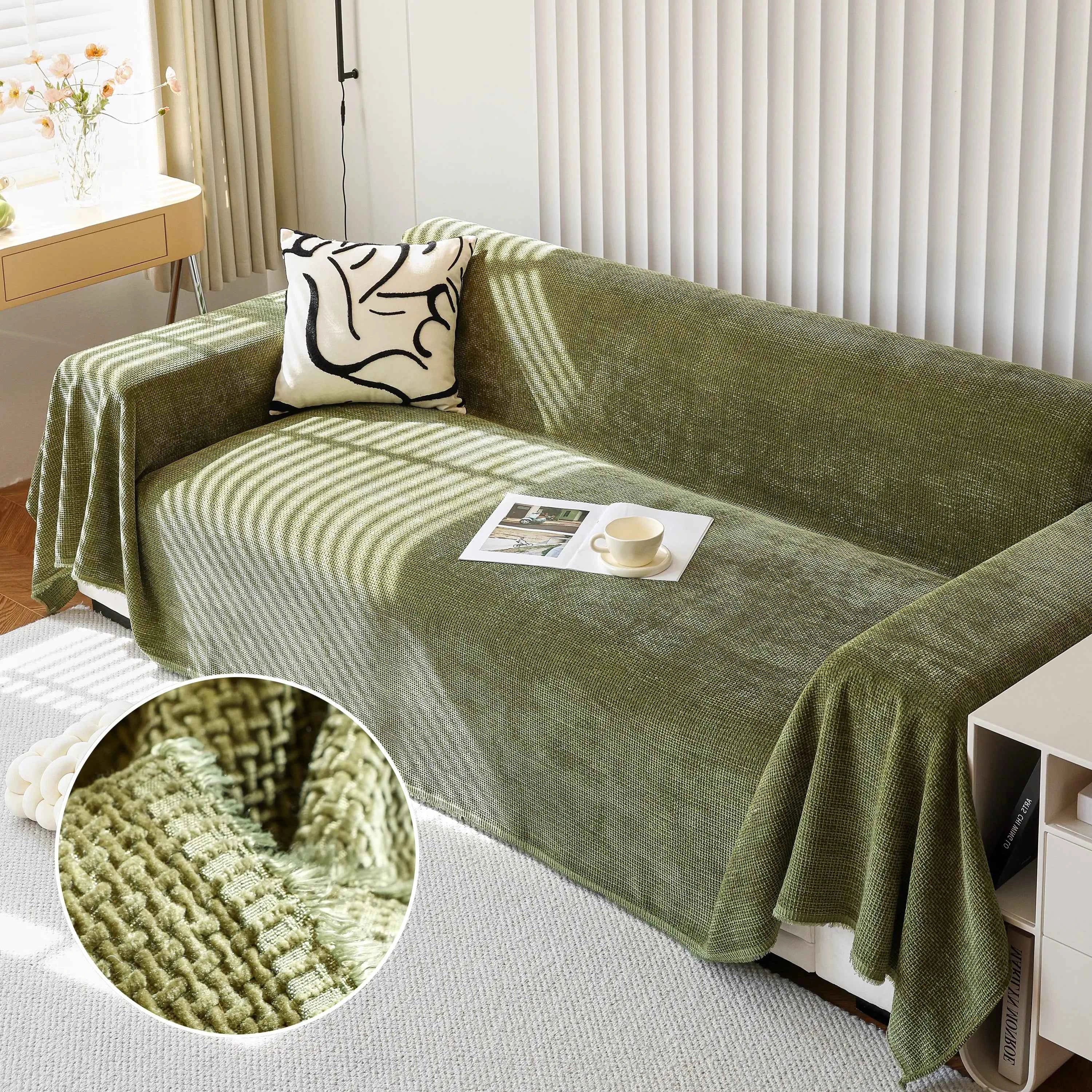 Chenille Thickened Solid Couch Blanket Throws, Reversible Couch Covers for Sectional Couches