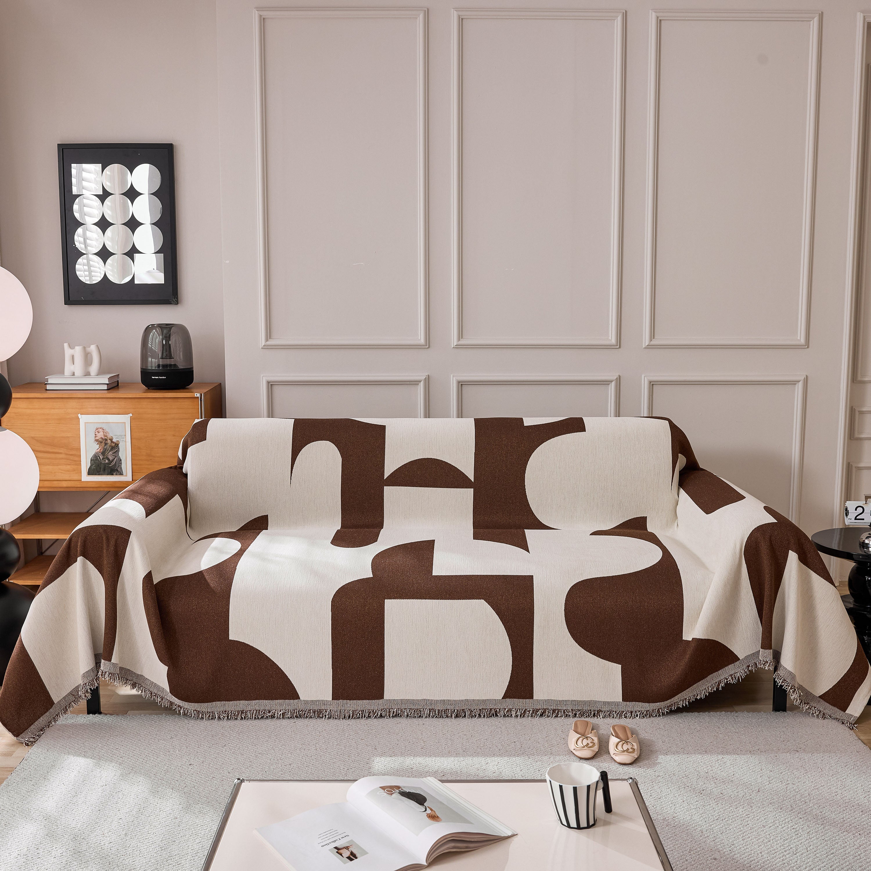 Modern Abstract Chenille Sofa Cover, Large Soft Throw Blanket with Tassels for Couch