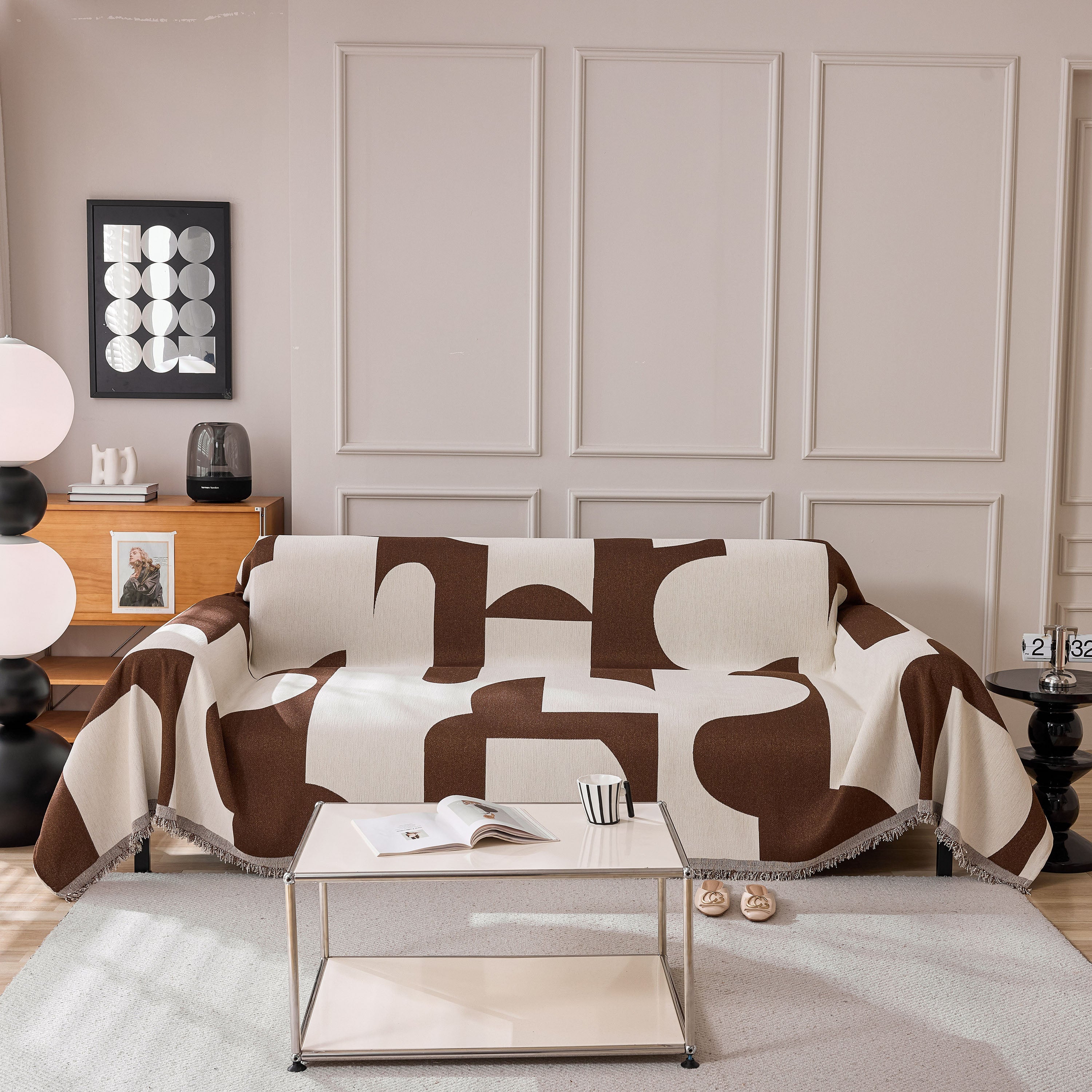 Modern Abstract Chenille Sofa Cover, Large Soft Throw Blanket with Tassels for Couch