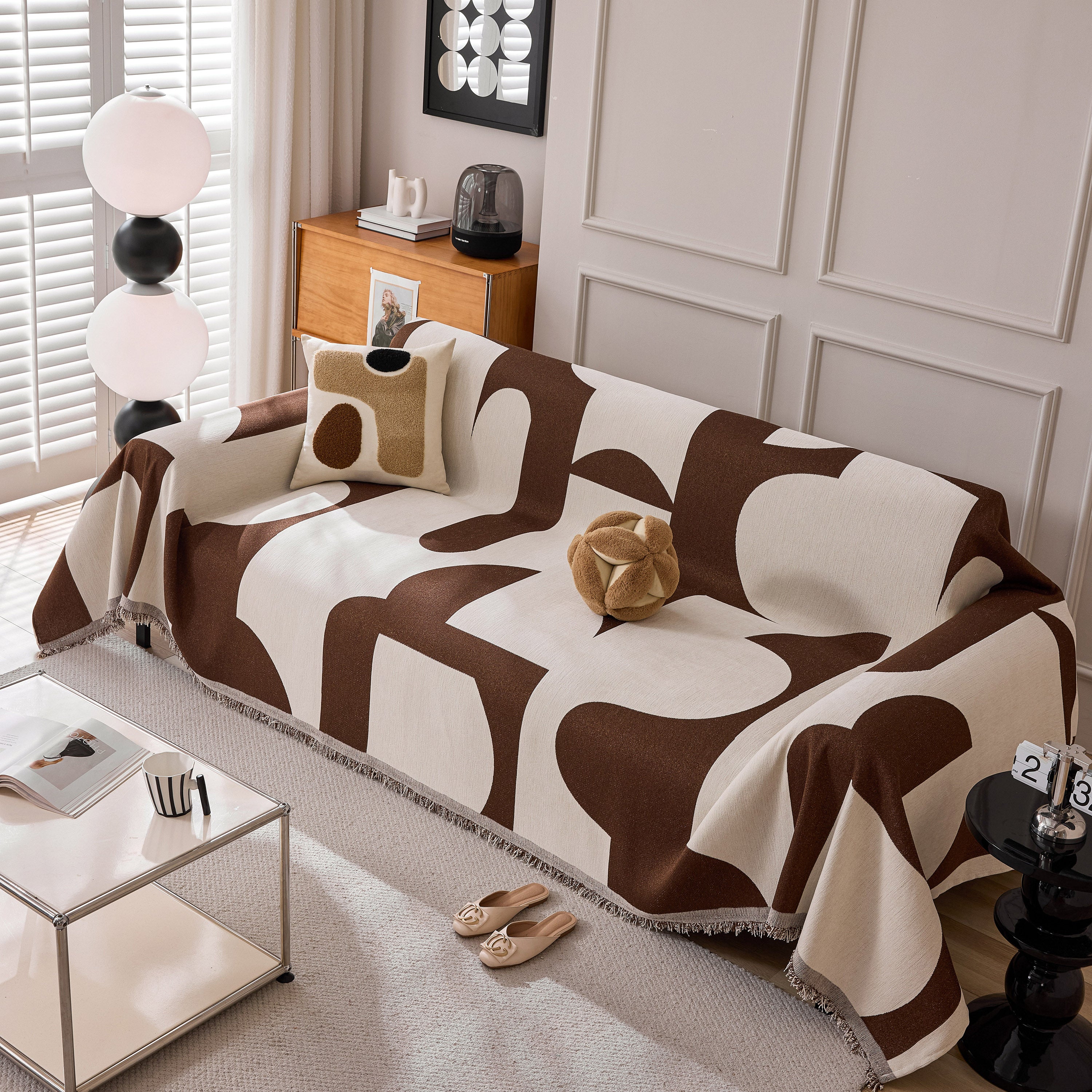 Modern Abstract Chenille Sofa Cover, Large Soft Throw Blanket with Tassels for Couch