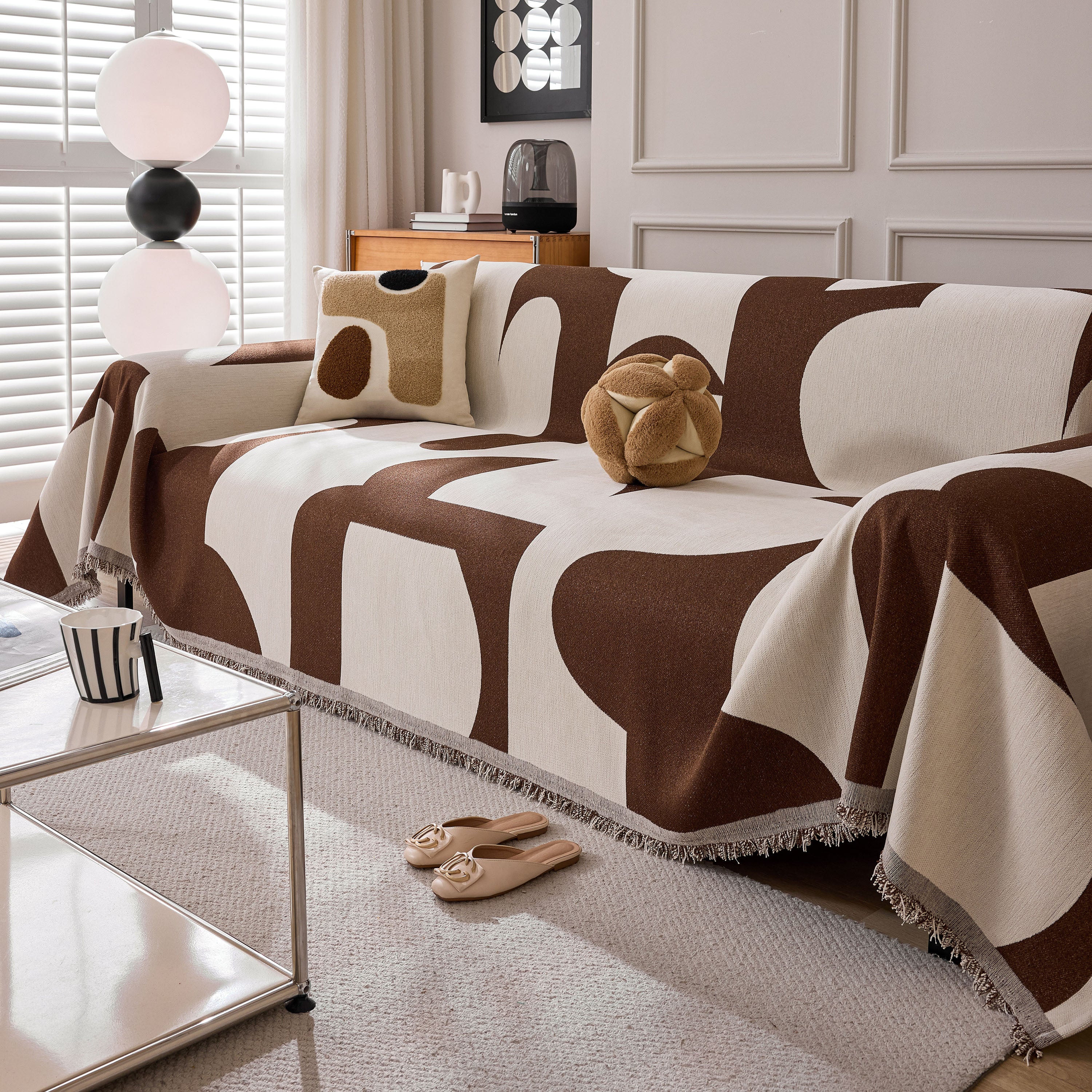 Modern Abstract Chenille Sofa Cover, Large Soft Throw Blanket with Tassels for Couch